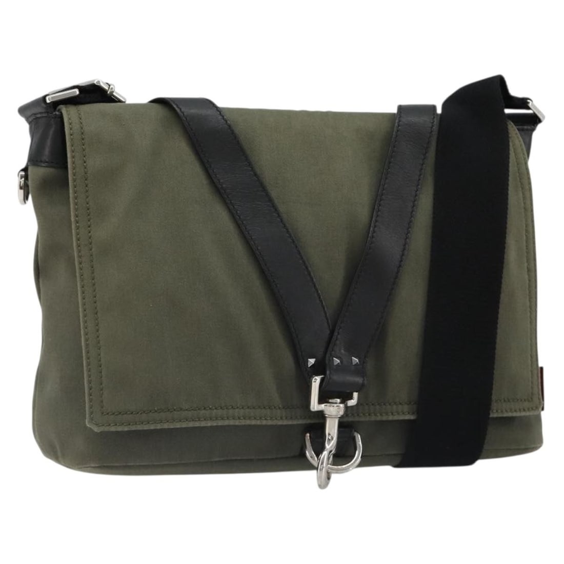 Valentino Canvas Shoulder Bag Khaki Silver Tone Italy: Valentino Canvas Shoulder Bag Khaki Silver Tone Italy A Valentino shoulder bag in khaki and silver, crafted from canvas and made in Italy. It features a shoulder strap with an approximate drop of 25 t