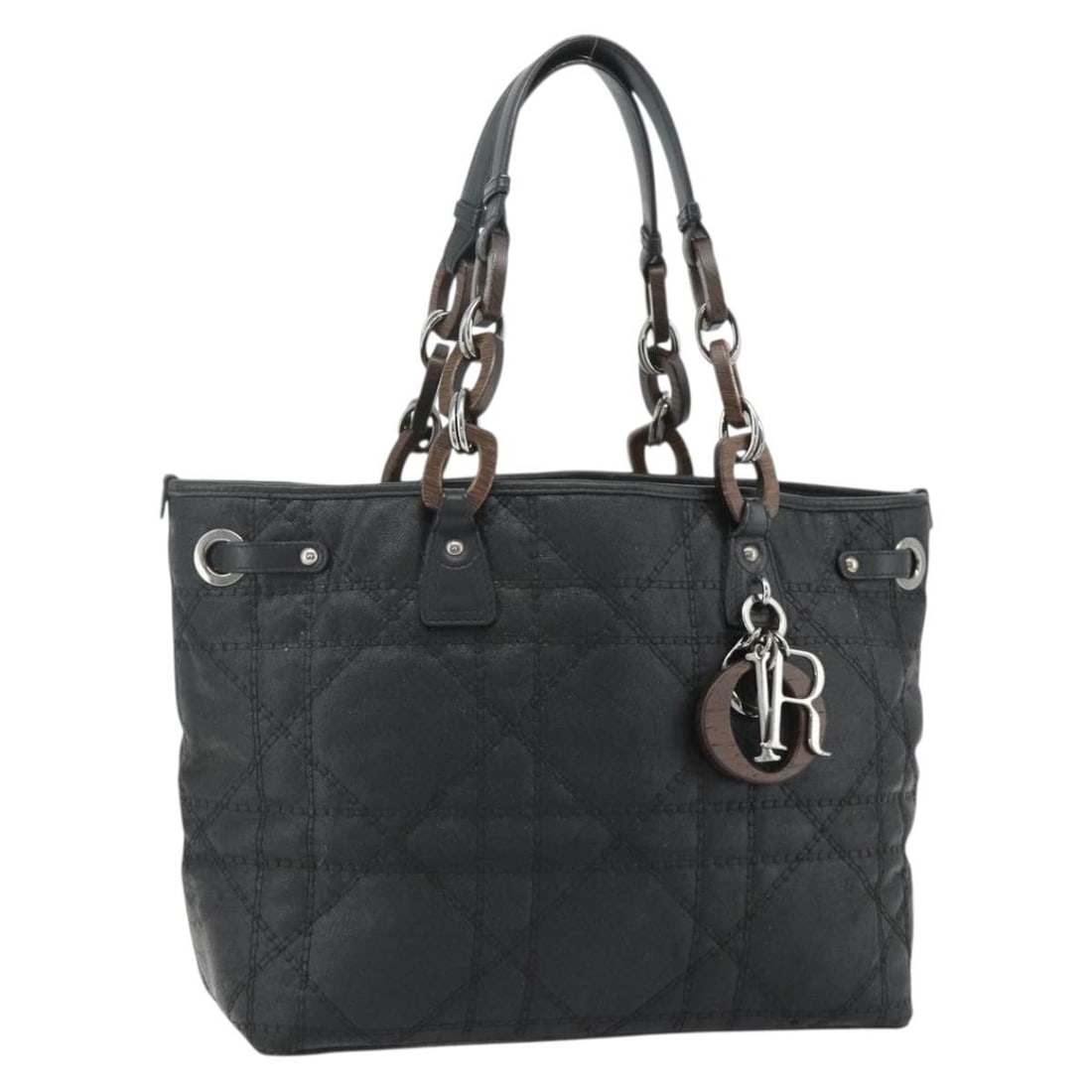 Dior Panarea Canage black silver coated canvas handbag charm Italy: Dior Panarea Canage black silver coated canvas handbag charm Italy This Christian Dior Canage Panarea hand bag is crafted from black and silver coated canvas. Designed for women, it features a structu