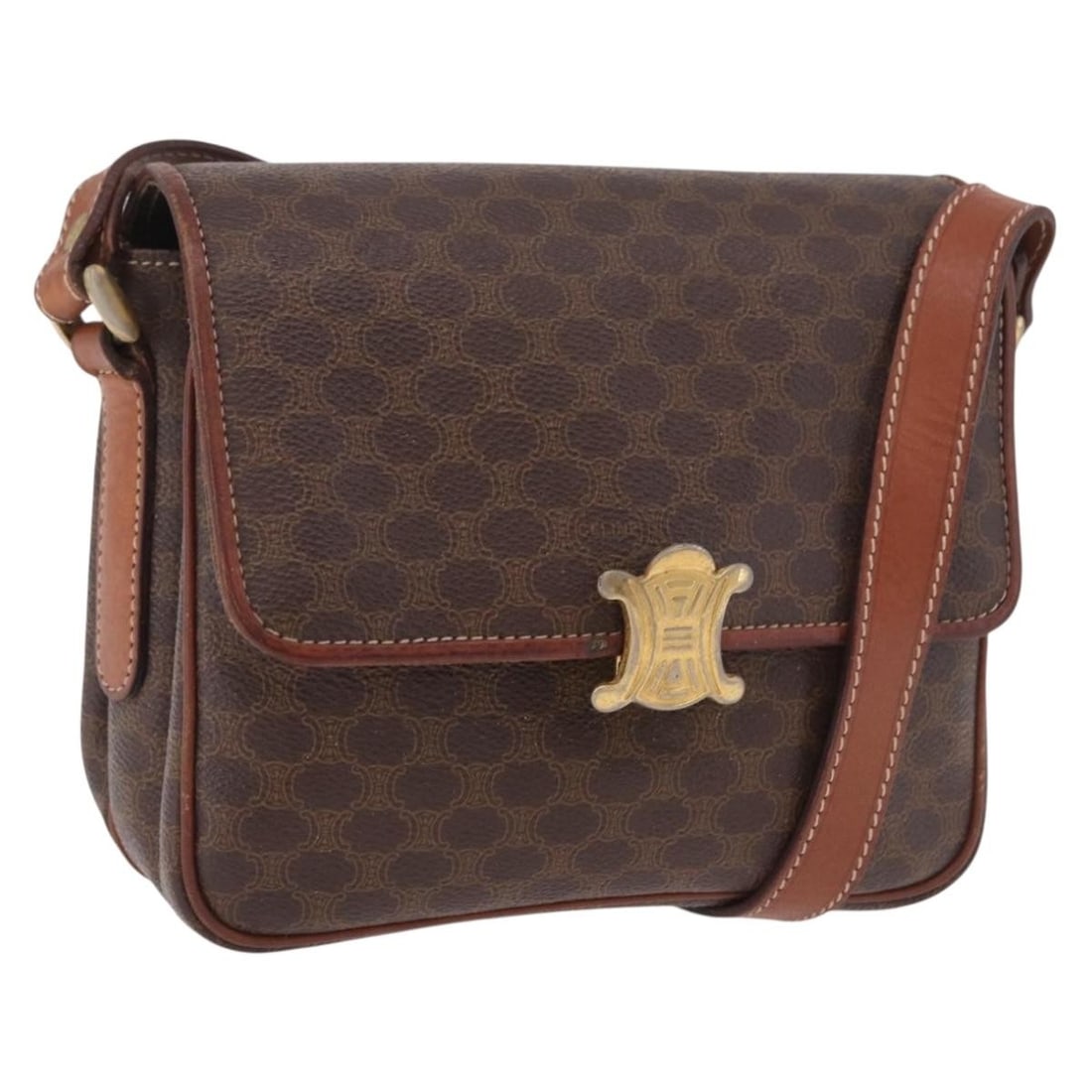 Celine Macadam PVC Leather Shoulder Bag Brown Gold Tone: Celine Macadam PVC Leather Shoulder Bag Brown Gold Tone Brown and gold CELINE shoulder bag made from PVC leather and Macadam canvas. It features a shoulder strap with an approximate drop of 49-53 cm a