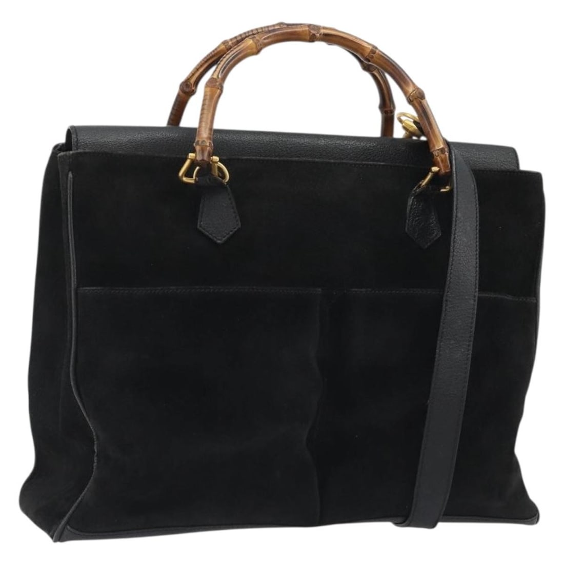 GUCCI 002 2855 suede 2way handbag with bamboo handle black gold: GUCCI 002 2855 suede 2way handbag with bamboo handle black gold Gucci Bamboo Hand Bag in suede with a black and gold color combination. It is a women's hand bag made in Italy and comes with a shoulder