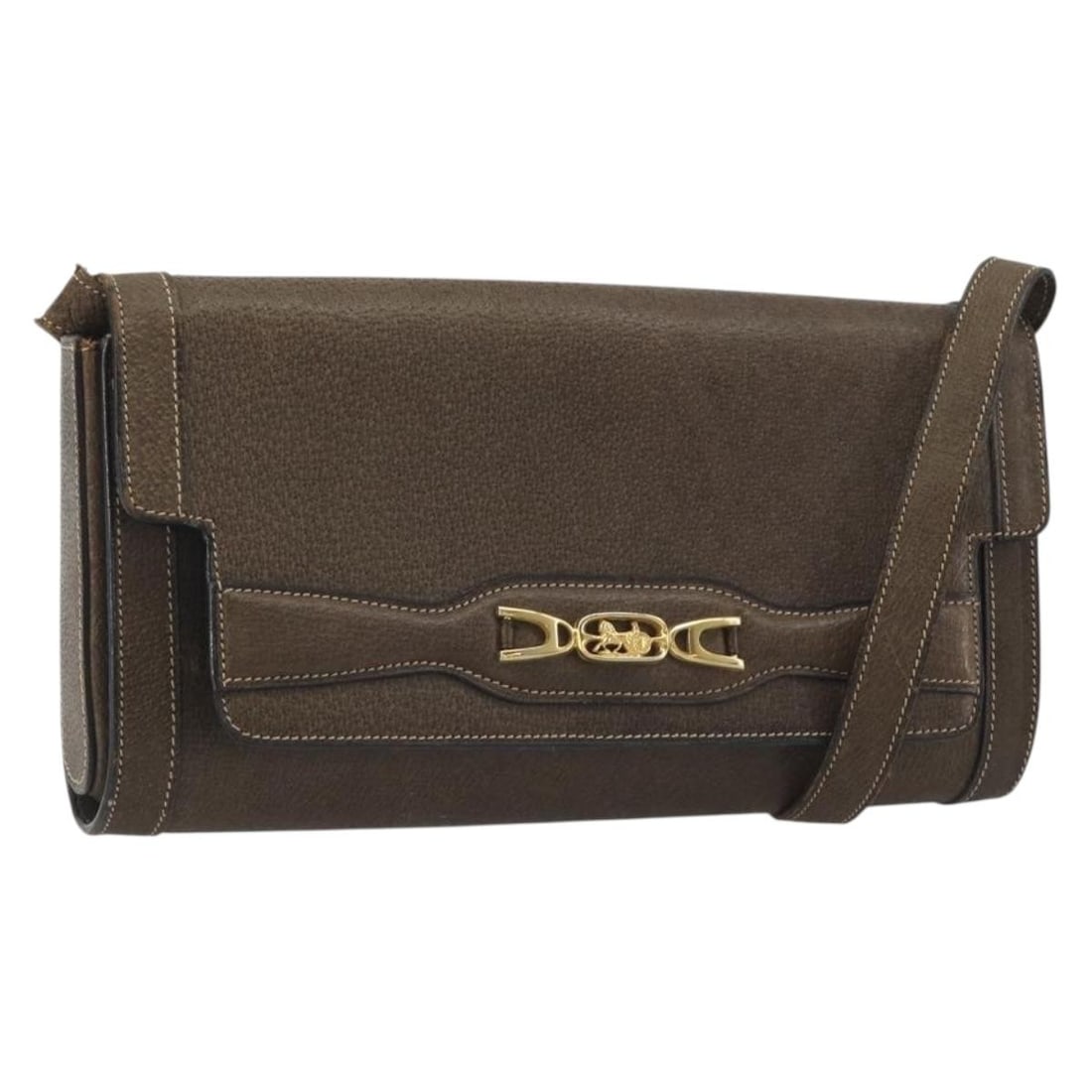 CELINE Brown Leather Shoulder Bag Gold Tone Italy: CELINE Brown Leather Shoulder Bag Gold Tone Italy CELINE shoulder bag in brown and gold leather, made in Italy. This women's bag measures approximately 27 cm wide, 14 cm high, and 5 cm deep, with a sh