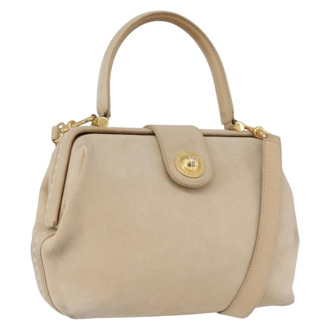 Celine Beige Leather Convertible Handbag with Shoulder Strap Gold Accents: Celine Beige Leather Convertible Handbag with Shoulder Strap Gold Accents This CELINE 2-way handbag is crafted from beige and gold leather and can be carried by hand or worn with the included shoulder