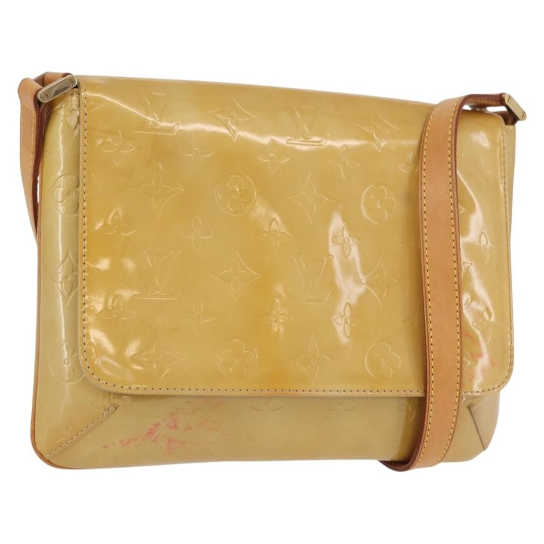 Louis Vuitton Thompson Street Shoulder Bag Beige Patent Leather M91301: Louis Vuitton Thompson Street Shoulder Bag Beige Patent Leather M91301 This Louis Vuitton Thompson Street shoulder bag features beige Monogram Vernis patent leather and gold-tone hardware. The bag is 