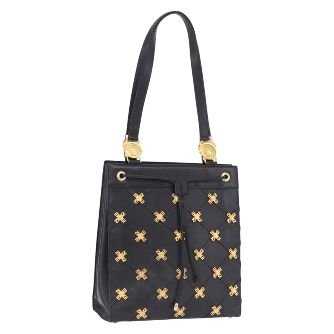 Black Leather Tote Bag Gianni Versace Gold Tone Hardware: Black Leather Tote Bag Gianni Versace Gold Tone Hardware Gianni Versace tote bag in black leather with gold-tone hardware. This pre-owned bag is a heavily used item with visible rubbing on the exterio