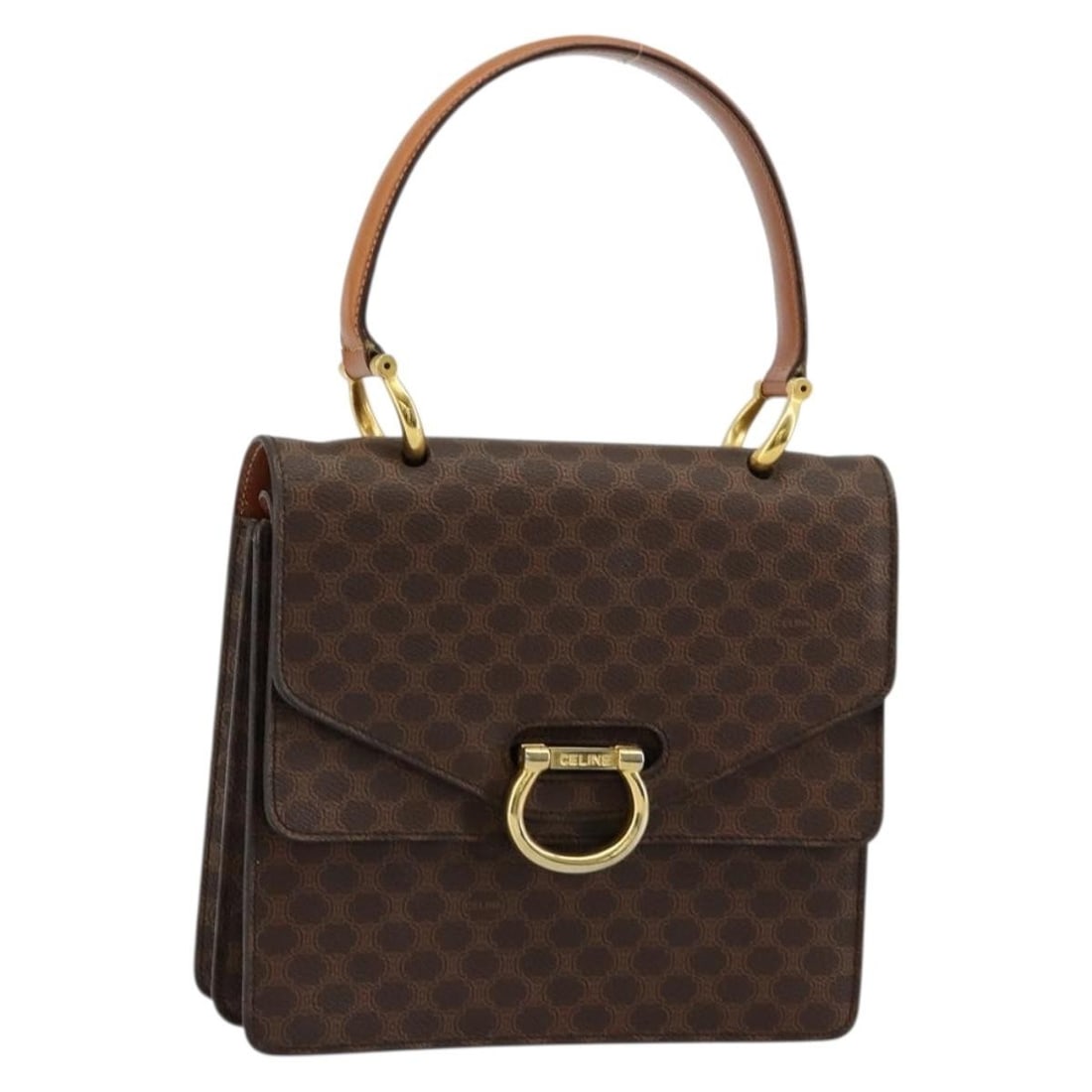 CELINE Macadam PVC Leather Brown Gold Handbag Italy: CELINE Macadam PVC Leather Brown Gold Handbag Italy This CELINE Macadam Canvas handbag features a classic brown and gold color scheme with PVC leather and Macadam canvas construction. Designed for wom