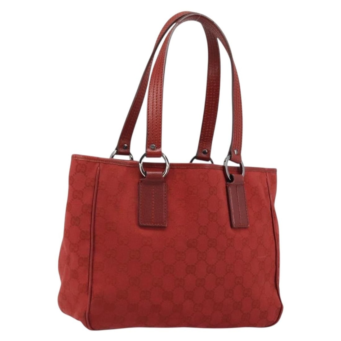 Red GG Canvas Gucci Tote Bag with Silver Accents 113019: Red GG Canvas Gucci Tote Bag with Silver Accents 113019 This is a Gucci GG Canvas tote bag in red and silver, featuring the signature GG canvas material. Designed for women, it offers a spacious inter