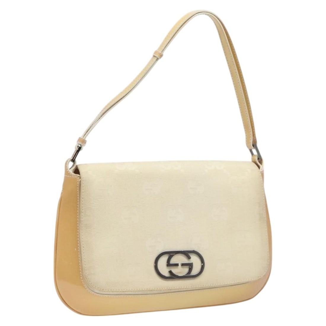 Gucci Beige Silver GG Canvas Shoulder Bag Italy 001 3823: Gucci Beige Silver GG Canvas Shoulder Bag Italy 001 3823 This GUCCI GG Canvas Shoulder Bag features a beige and silver color combination, crafted from signature GG canvas. The bag is designed for wome