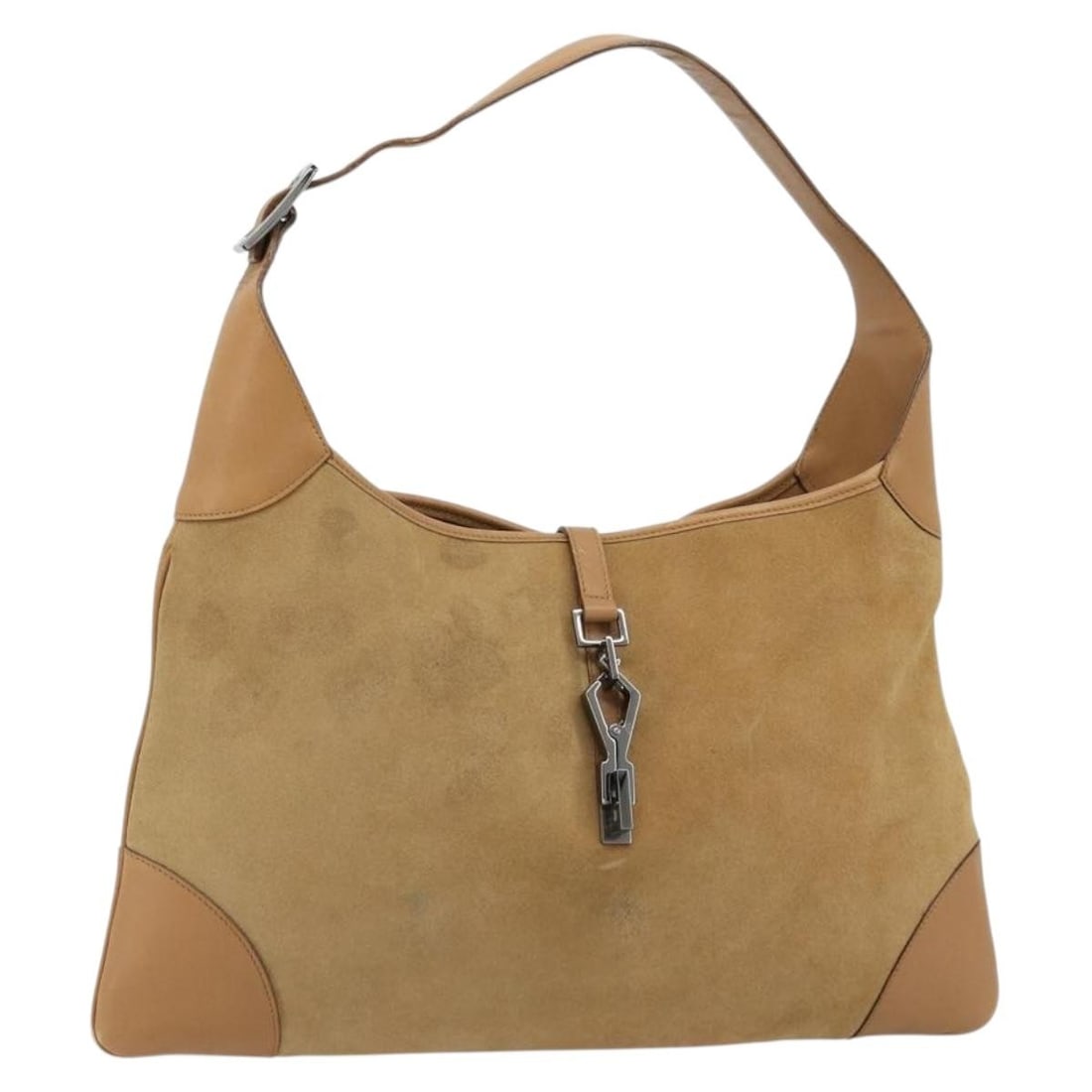 Gucci 001 4075 Jackie suede shoulder bag beige silver tone: Gucci 001 4075 Jackie suede shoulder bag beige silver tone A Gucci Jackie shoulder bag in beige suede with silver-tone details. This Italy-made bag is identified by product no. 001 4075 and serial no.