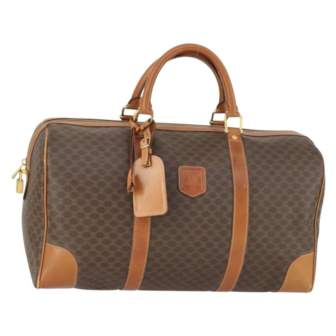 Celine Macadam Boston Bag Brown PVC Leather with Padlock Key: Celine Macadam Boston Bag Brown PVC Leather with Padlock Key A CELINE Macadam canvas Boston bag in brown and gold, made from PVC leather and Macadam canvas. It comes with a padlock, one key, a clochet