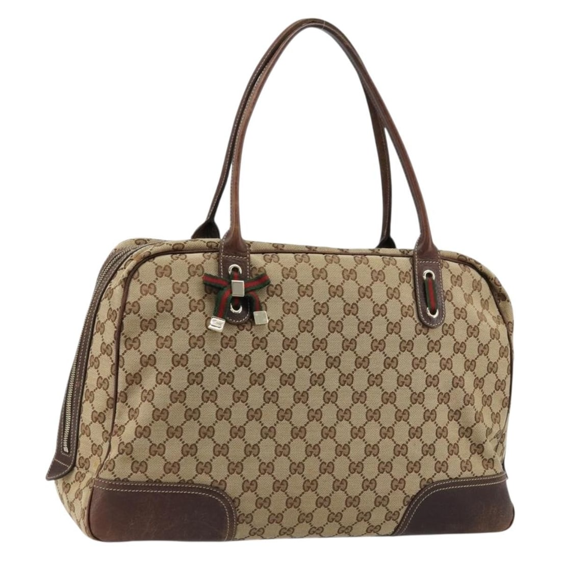 Gucci Sherry Line GG Canvas Beige Gold Tote 162881: Gucci Sherry Line GG Canvas Beige Gold Tote 162881 This Gucci GG Canvas Web Sherry Line tote bag features a beige and gold color scheme and is crafted from signature GG canvas. The bag offers a spacio