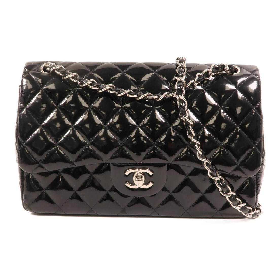 CHANEL A58600 Large Classic Shoulder Bag Black Patent Leather SHW: CHANEL A58600 Large Classic Shoulder Bag Black Patent Leather SHW A CHANEL CC SHW Large Classic Chain Shoulder Bag, model A58600, in black patent leather. This women's shoulder bag features a turn-loc