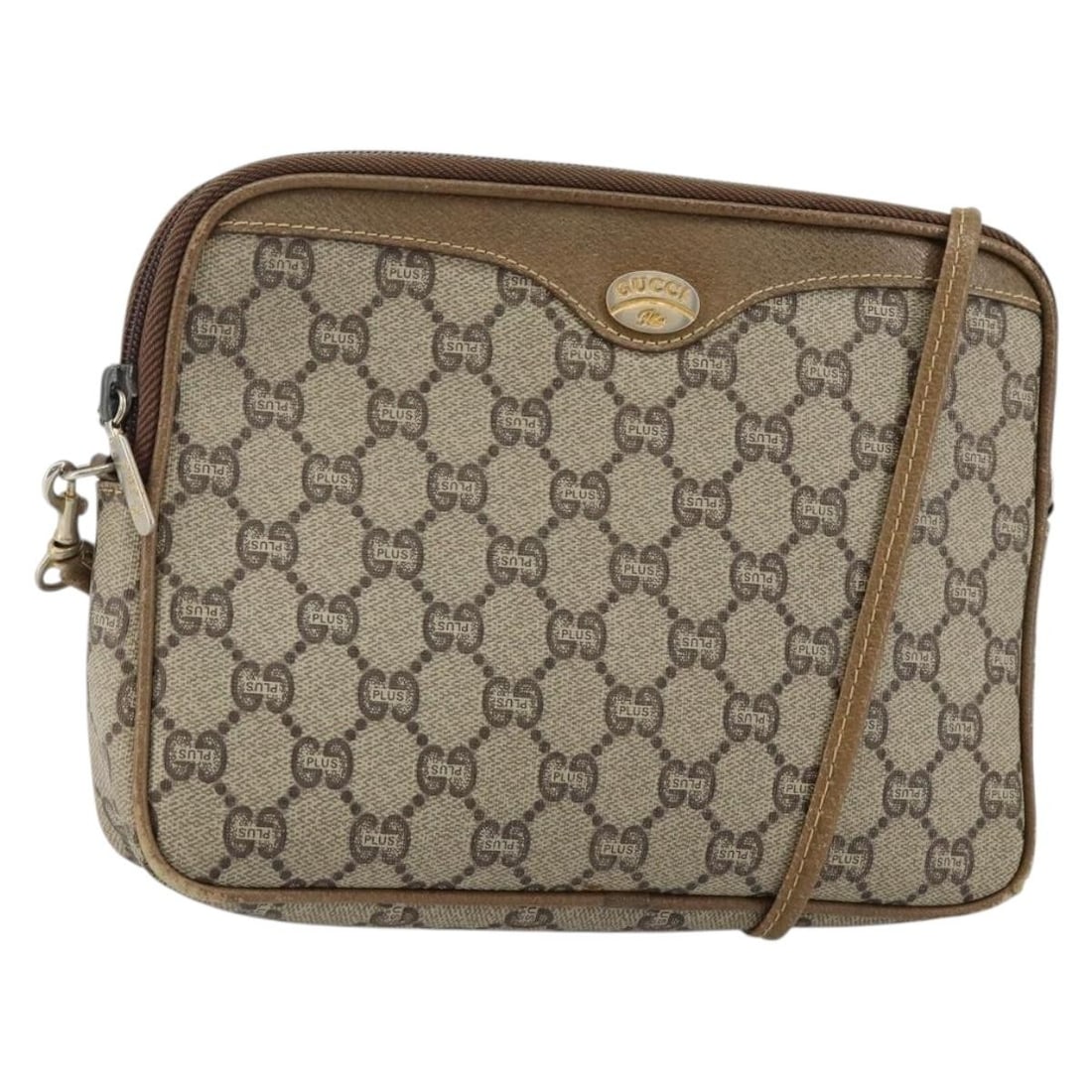 GUCCI GG Plus Supreme Shoulder Bag Beige Gold PVC Leather Made in Italy: GUCCI GG Plus Supreme Shoulder Bag Beige Gold PVC Leather Made in Italy This authentic GUCCI GG Plus Supreme Shoulder Bag is a stylish accessory crafted from durable PVC leather in an elegant beige an