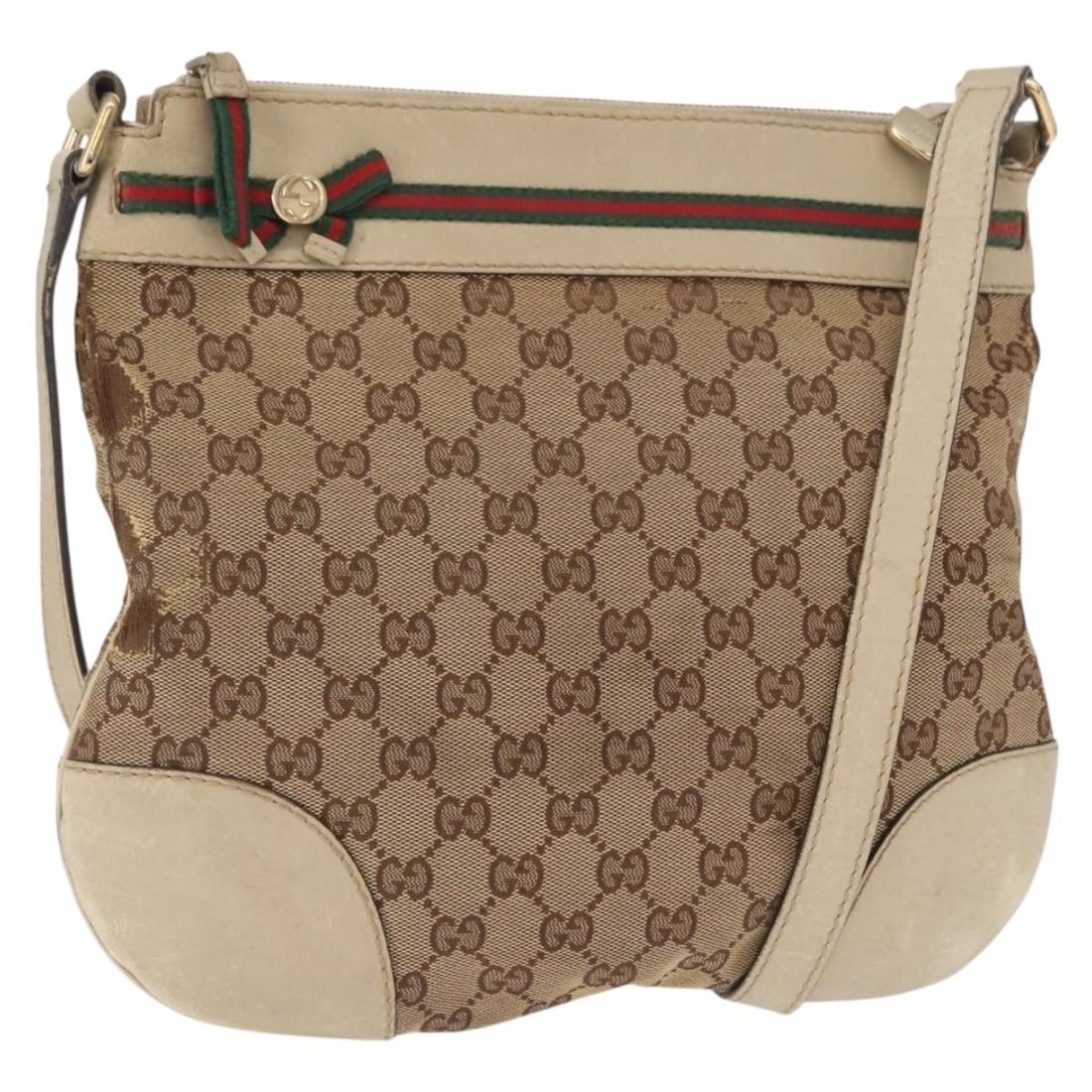 Beige Gold Shoulder Bag by Gucci GG Canvas Web Sherry Line 257065: Beige Gold Shoulder Bag by Gucci GG Canvas Web Sherry Line 257065 This is a GUCCI GG Canvas Web Sherry Line shoulder bag in beige and gold. The bag features the signature GG canvas exterior and a vers