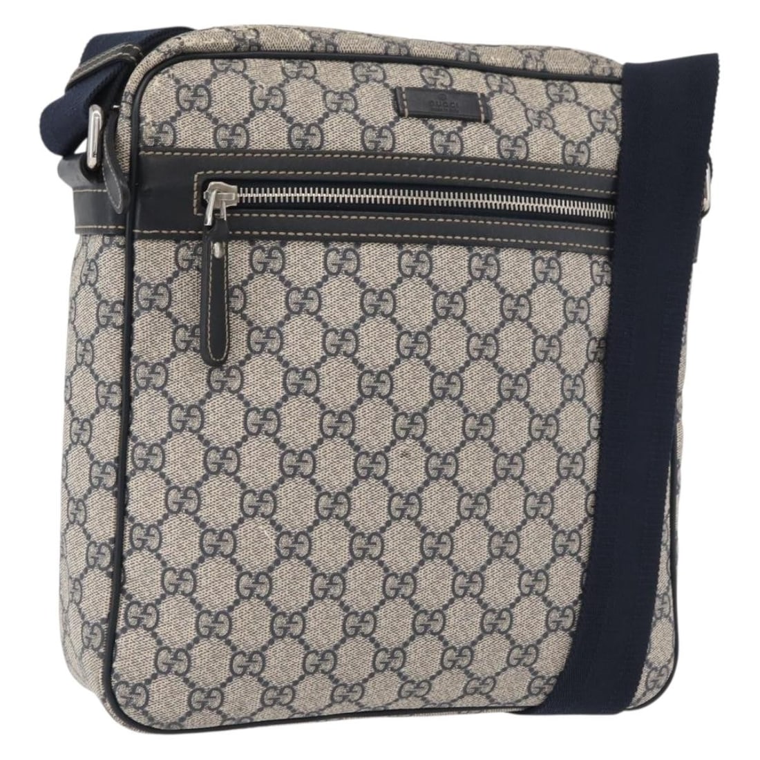 Gucci 201448 GG Supreme Navy PVC Leather Shoulder Bag: Gucci 201448 GG Supreme Navy PVC Leather Shoulder Bag Gucci GG Supreme shoulder bag in navy and silver, made from PVC leather and GG canvas. This Italy-made bag has a shoulder strap with an approximat
