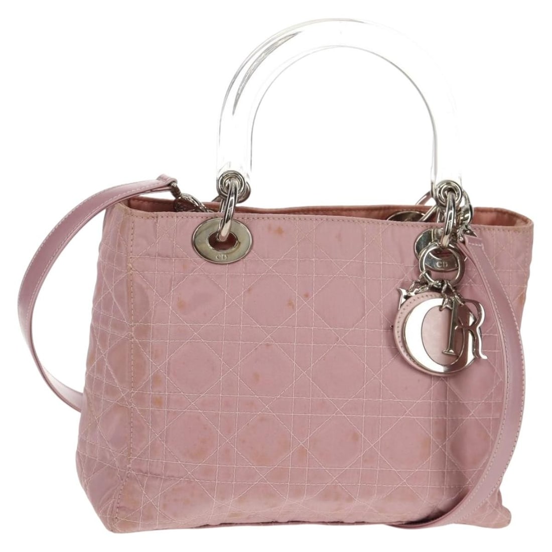 Christian Dior Cannage Nylon 2way Handbag Pink Silver Strap Charm: Christian Dior Cannage Nylon 2way Handbag Pink Silver Strap Charm Christian Dior Canage hand bag in pink and silver nylon, presented in a 2-way style with shoulder strap and charm accessory. Made in I