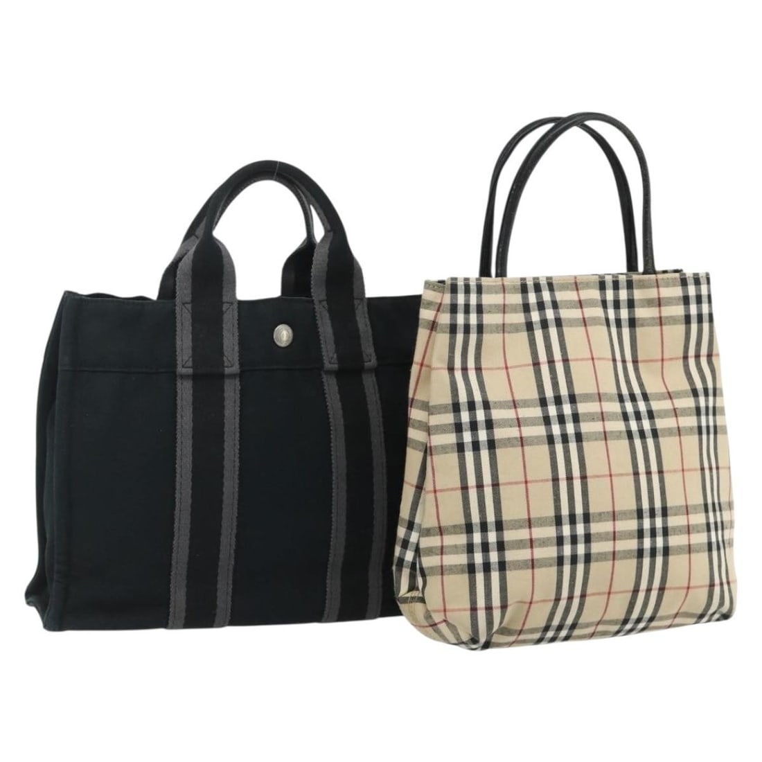 Hermes Burberry Nova Check canvas handbag set beige black auth: Hermes Burberry Nova Check canvas handbag set beige black auth This set includes two Hermes handbags crafted from beige and black canvas in the classic Nova Check pattern. Designed for women, both bag