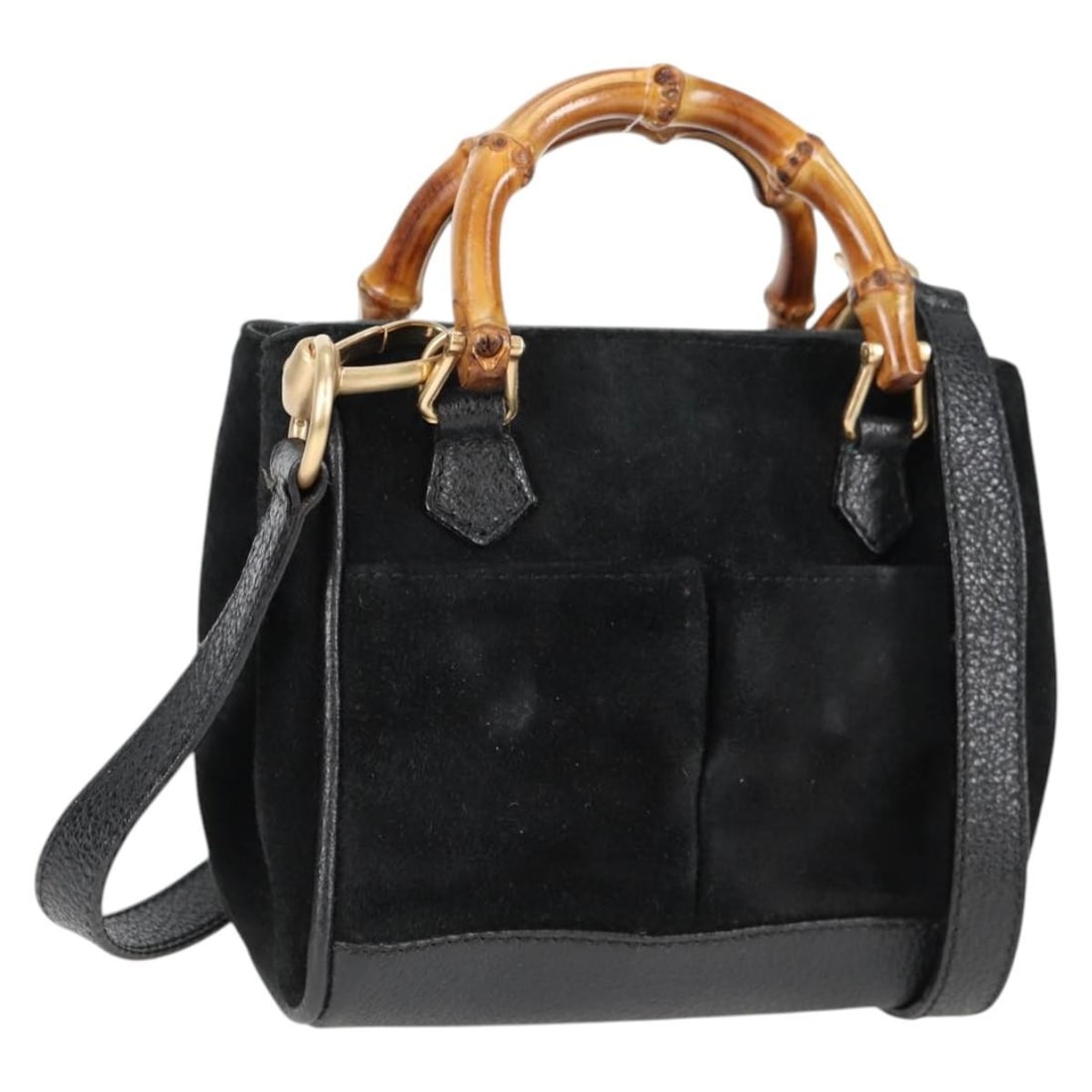 Gucci Bamboo suede handbag with shoulder strap black gold 007 1793 0238: Gucci Bamboo suede handbag with shoulder strap black gold 007 1793 0238 This GUCCI Bamboo Hand Bag is crafted from black and gold suede and offers versatile 2-way carrying options with both a top hand