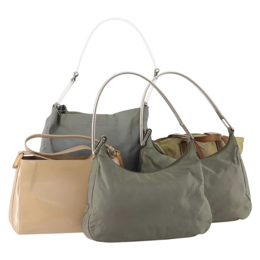 Set of 5 Prada nylon handbags beige green with guarantee card: Set of 5 Prada nylon handbags beige green with guarantee card Set of Prada women's nylon handbags in beige and green, made in Italy. This special set offer includes a guarantee card. Condition is heav