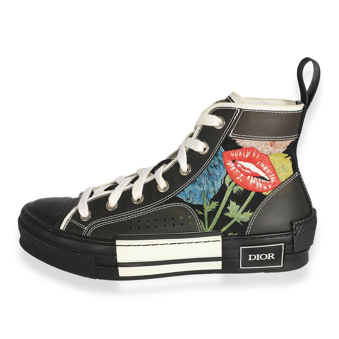 Christian Dior Women's B23 High Lip Flower Sneakers Black White Size 36 with Dust Bag: Christian Dior Women's B23 High Lip Flower Sneakers Black White Size 36 with Dust Bag This Raymond Pettibon x Dior B23 High 'Lip Flower' sneaker features a black and white fabric upper in a high-top l