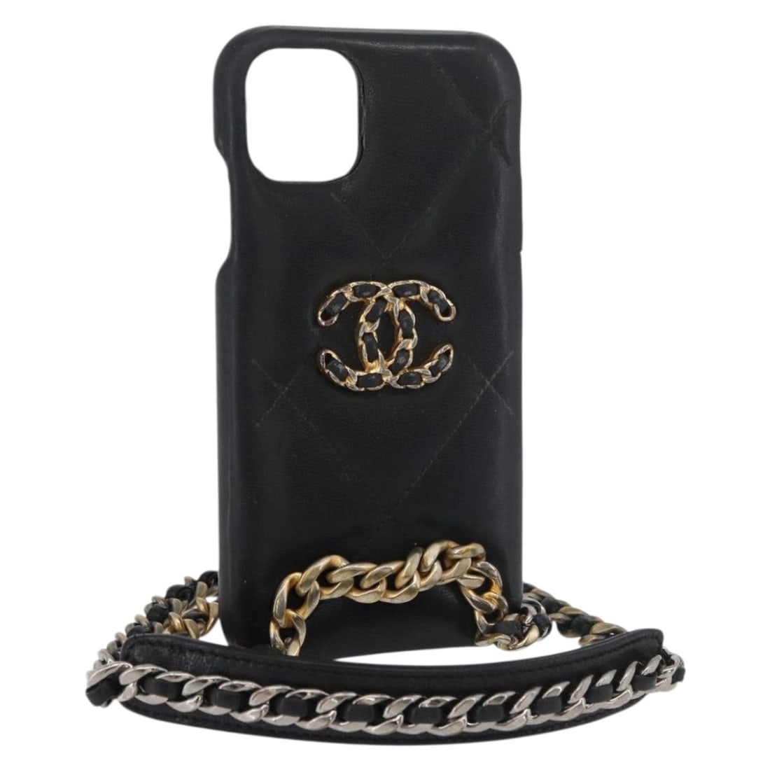 Chanel lambskin black gold shoulder bag chain iPhone case: Chanel lambskin black gold shoulder bag chain iPhone case This CHANEL Matelasse Chain iPhone case bag is crafted from luxurious lambskin leather in black with gold-tone accents. Designed as a compact 