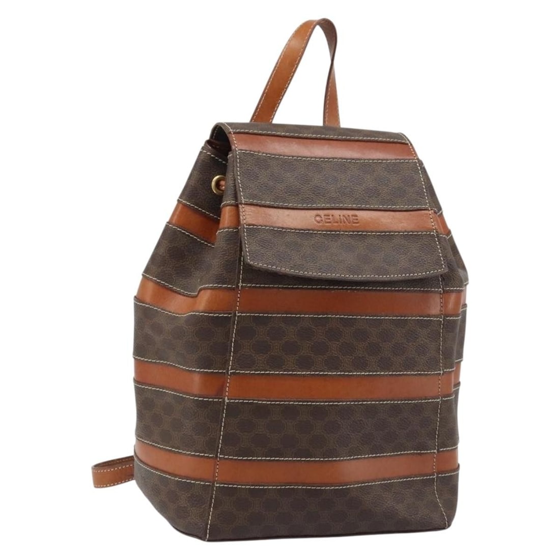 Celine Macadam Brown PVC Leather Backpack Gold Tone: Celine Macadam Brown PVC Leather Backpack Gold Tone A CELINE backpack in brown and gold, crafted from PVC leather and Macadam canvas. Made in Italy, this piece features a compact silhouette with a hea