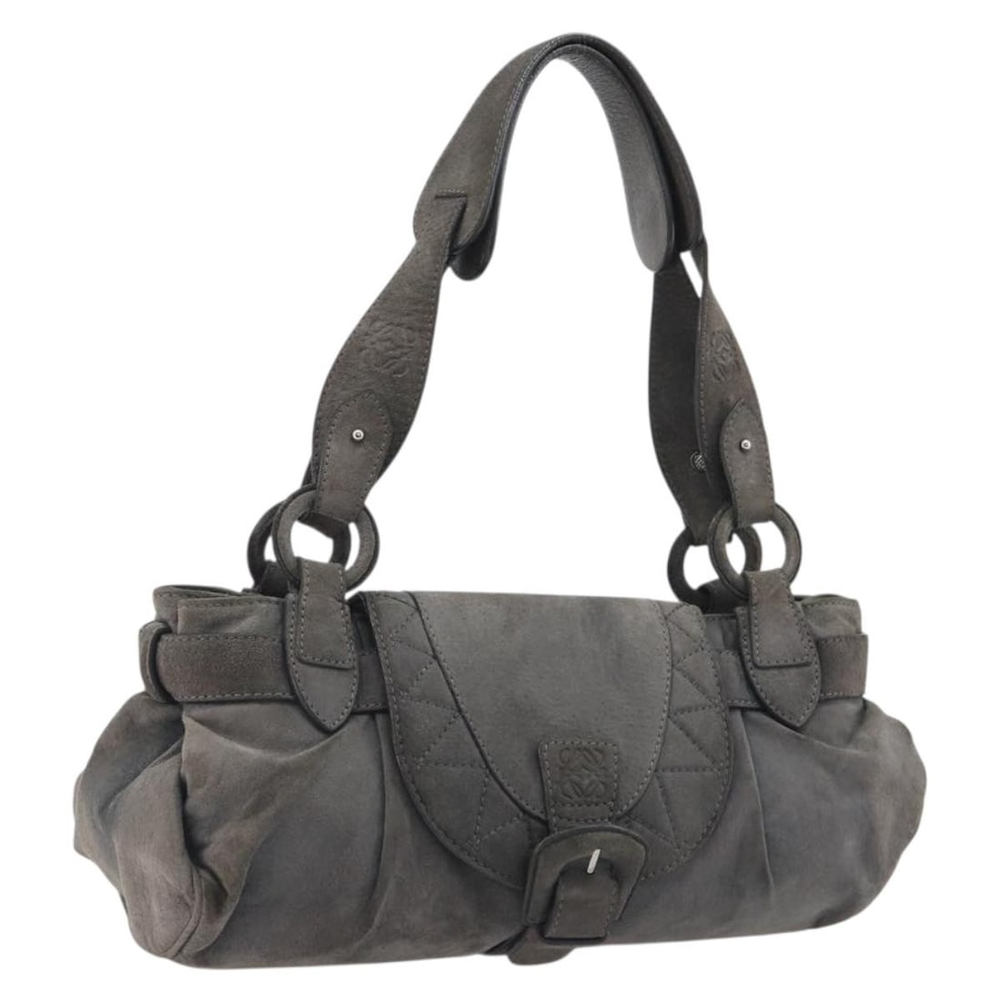 LOEWE Gray Silver Suede Tote Bag Made in Spain: LOEWE Gray Silver Suede Tote Bag Made in Spain A LOEWE tote bag in gray and silver suede, made in Spain. It measures approximately 34 cm wide, 18 cm high, and 10 cm deep, with a handle drop of about 2