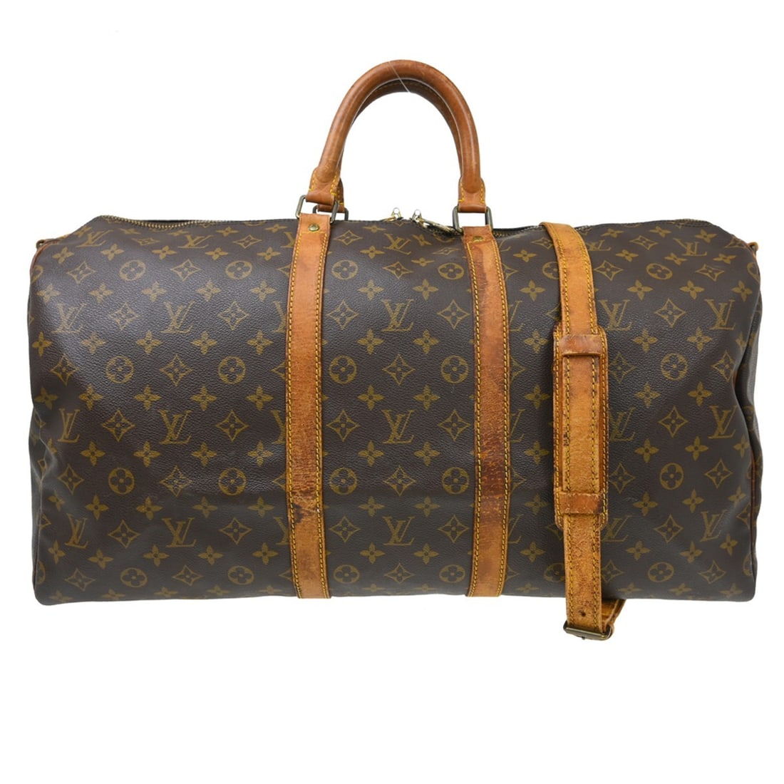 Louis Vuitton Keepall Bandouliere 55 Monogram Canvas Duffle Bag M41414: Louis Vuitton Keepall Bandouliere 55 Monogram Canvas Duffle Bag M41414 Vintage Louis Vuitton Keepall Bandouliere 55 travel bag in brown Monogram canvas with leather handles and trim. This extra large 