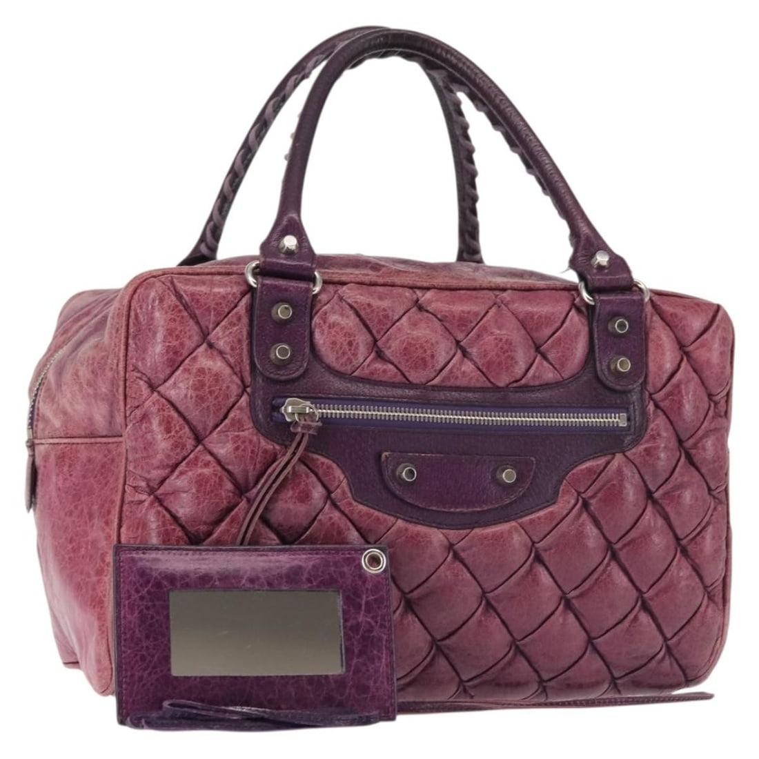 BALENCIAGA 168031 Purple Silver Leather Handbag with Mirror: BALENCIAGA 168031 Purple Silver Leather Handbag with Mirror Balenciaga Matelasse hand bag in purple leather with silver-tone exterior details. Made in Italy, this women's bag measures approximately 32