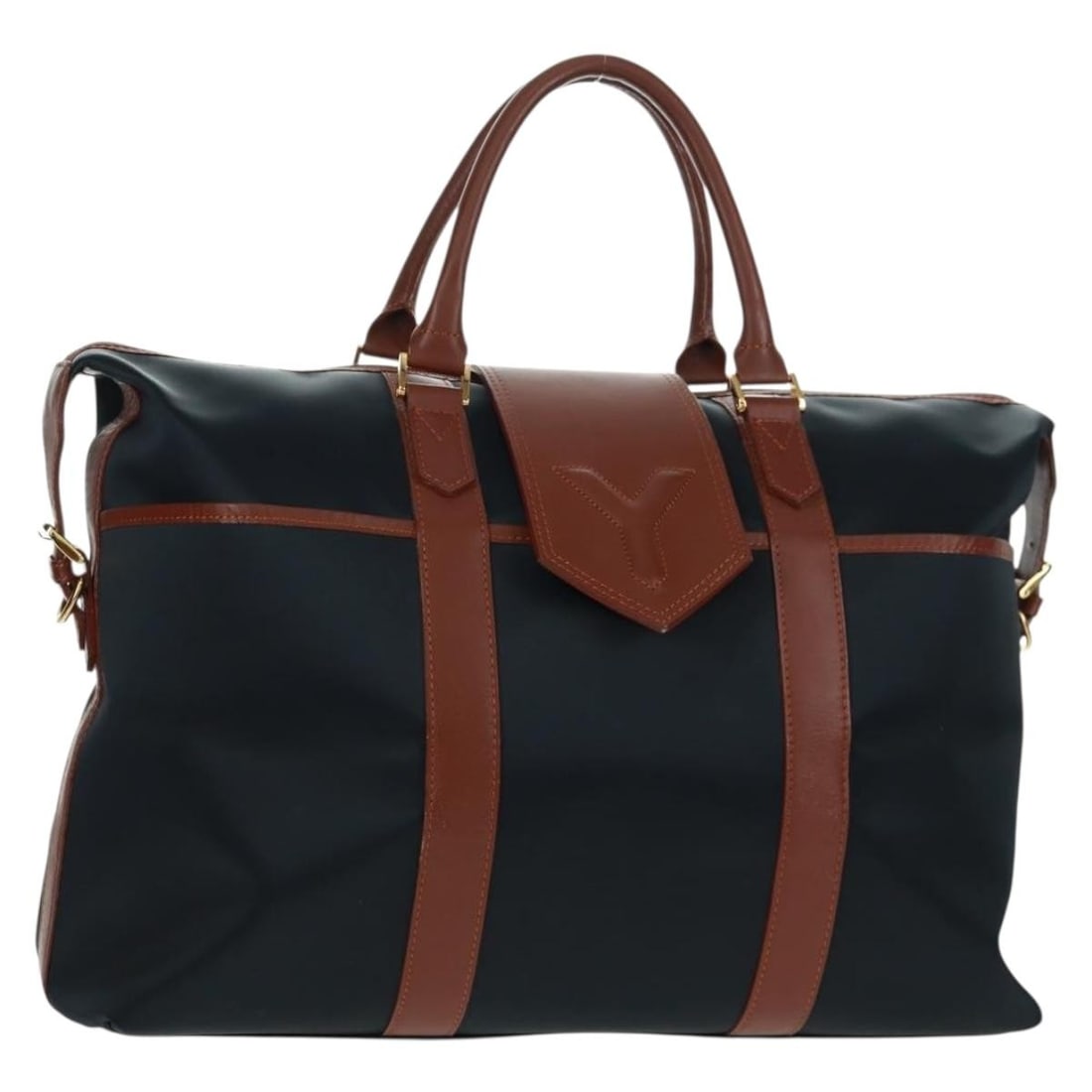 Saint Laurent navy nylon leather Boston bag gold accents: Saint Laurent navy nylon leather Boston bag gold accents This SAINT LAURENT Boston Bag features a navy nylon exterior with gold-tone accents and leather trim. Designed for women, the bag has a spaciou