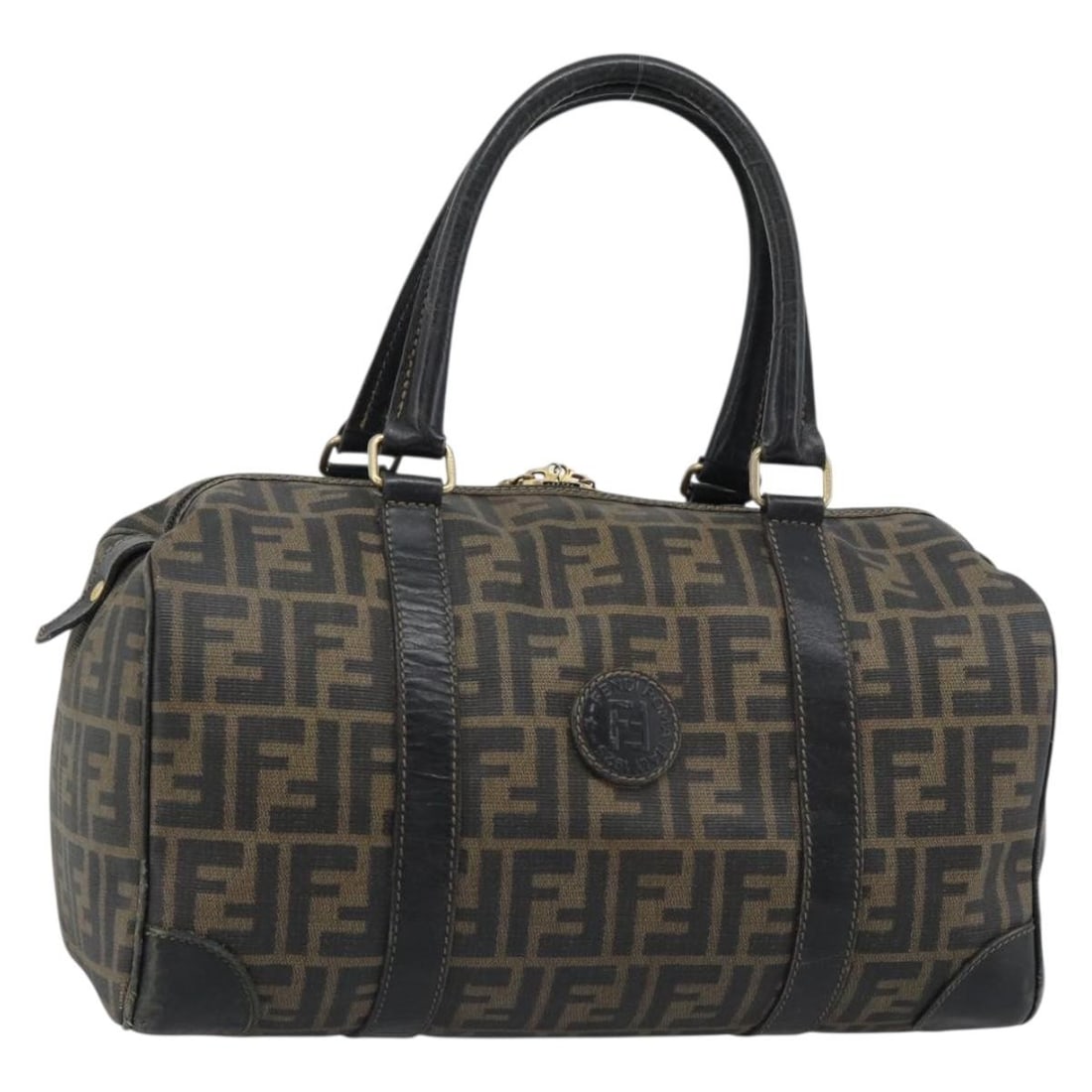 Fendi Zucca Canvas Handbag Black Brown Italy Serial A 00464 2: Fendi Zucca Canvas Handbag Black Brown Italy Serial A 00464 2 FENDI hand bag in black and brown Zucca canvas, made in Italy. The bag measures approximately W33 cm x H19 cm x D18 cm, with a handle drop
