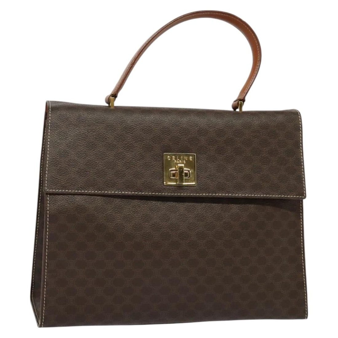 CELINE Macadam Canvas Hand Bag PVC Leather Brown Gold Made in Italy: CELINE Macadam Canvas Hand Bag PVC Leather Brown Gold Made in Italy This authentic CELINE Macadam Hand Bag is a stylish accessory made from durable PVC leather and Macadam canvas. The elegant brown an