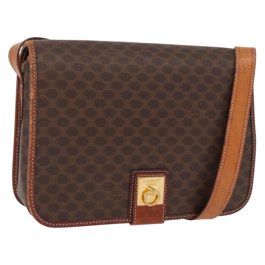 Celine Macadam PVC Leather Shoulder Bag Brown Gold Tone: Celine Macadam PVC Leather Shoulder Bag Brown Gold Tone A CELINE shoulder bag in brown and gold, crafted from PVC leather and Macadam canvas. Made in Italy, it features a shoulder drop of approximatel
