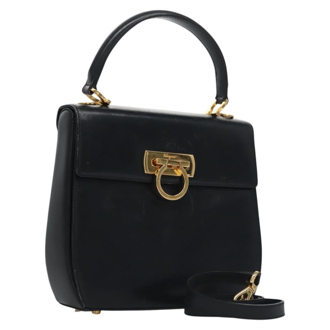 Black Leather Gancini Satchel by Salvatore Ferragamo with Shoulder Strap: Black Leather Gancini Satchel by Salvatore Ferragamo with Shoulder Strap This Salvatore Ferragamo Gancini handbag is crafted from black leather and features a 2-way design with both top handles and an