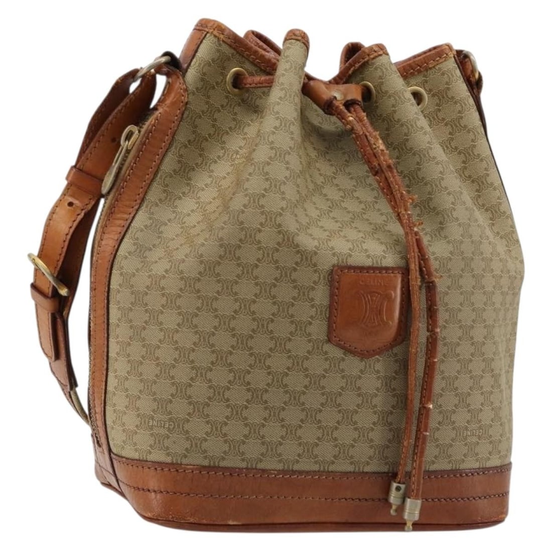 CELINE Macadam Canvas Beige Gold Shoulder Bag Italy: CELINE Macadam Canvas Beige Gold Shoulder Bag Italy This CELINE Macadam shoulder bag is crafted from beige and gold PVC leather and Macadam canvas. Designed for women, it features a spacious interior 