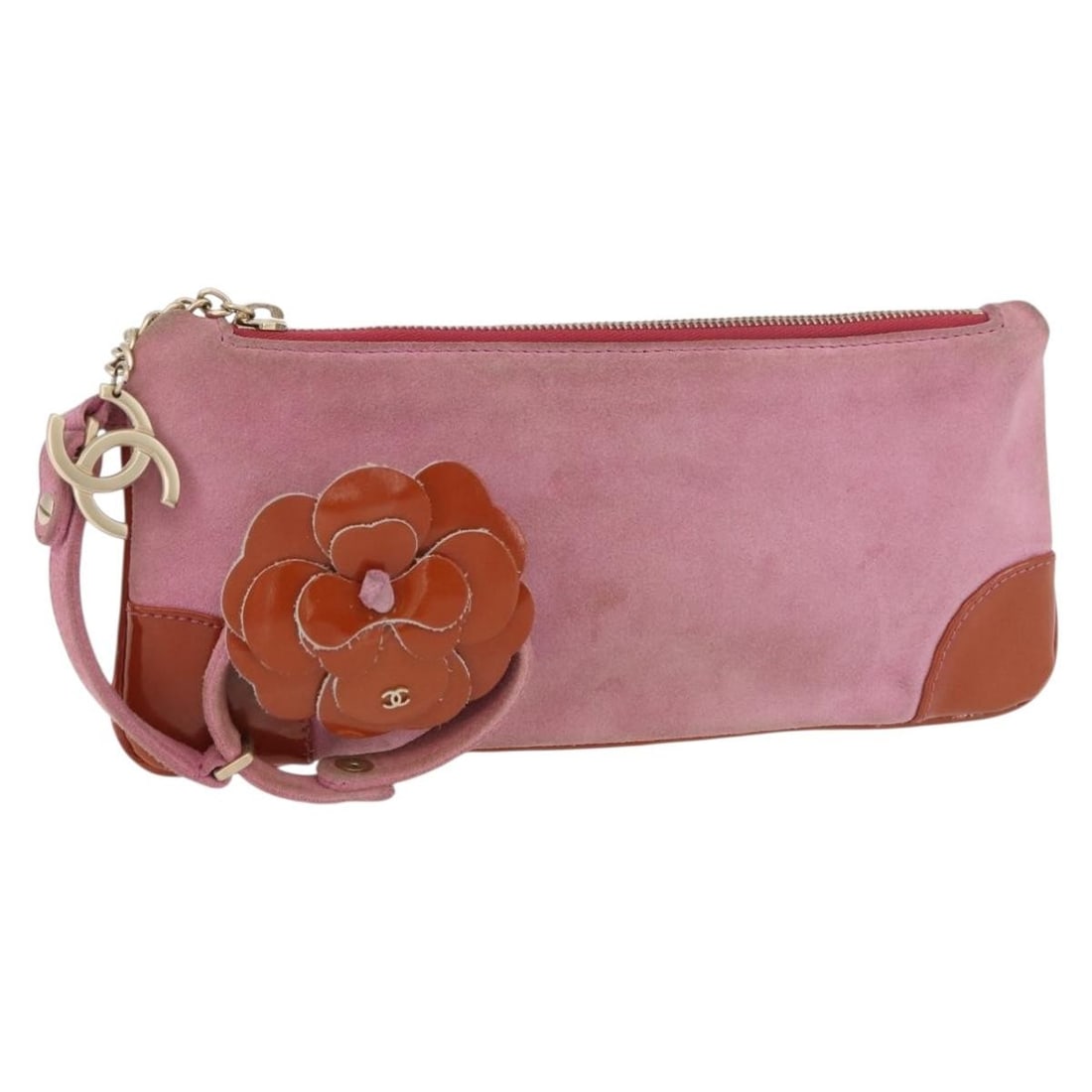 CHANEL Pink Gold Suede Pouch Auth 26cm: CHANEL Pink Gold Suede Pouch Auth 26cm This CHANEL Icon Series pouch is crafted from pink and gold suede, offering a stylish and compact accessory. Made in Italy, the pouch features the signature gold