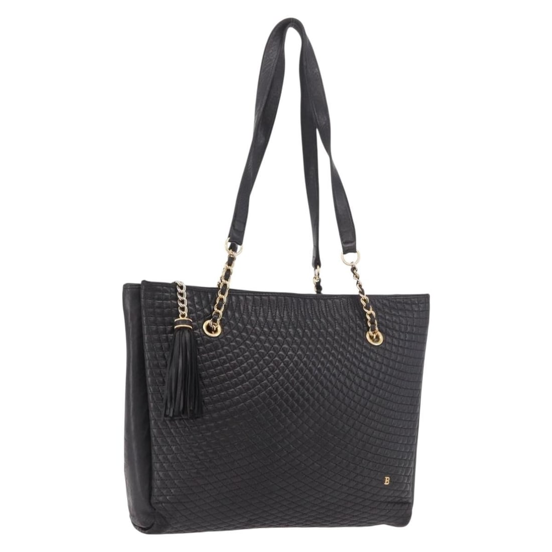 BALLY Black Leather Tote Bag with Gold Chain Handles: BALLY Black Leather Tote Bag with Gold Chain Handles This BALLY tote bag is crafted from leather in black and gold. It is a women's style tote made in Italy with a handle drop of approximately 29 cm (