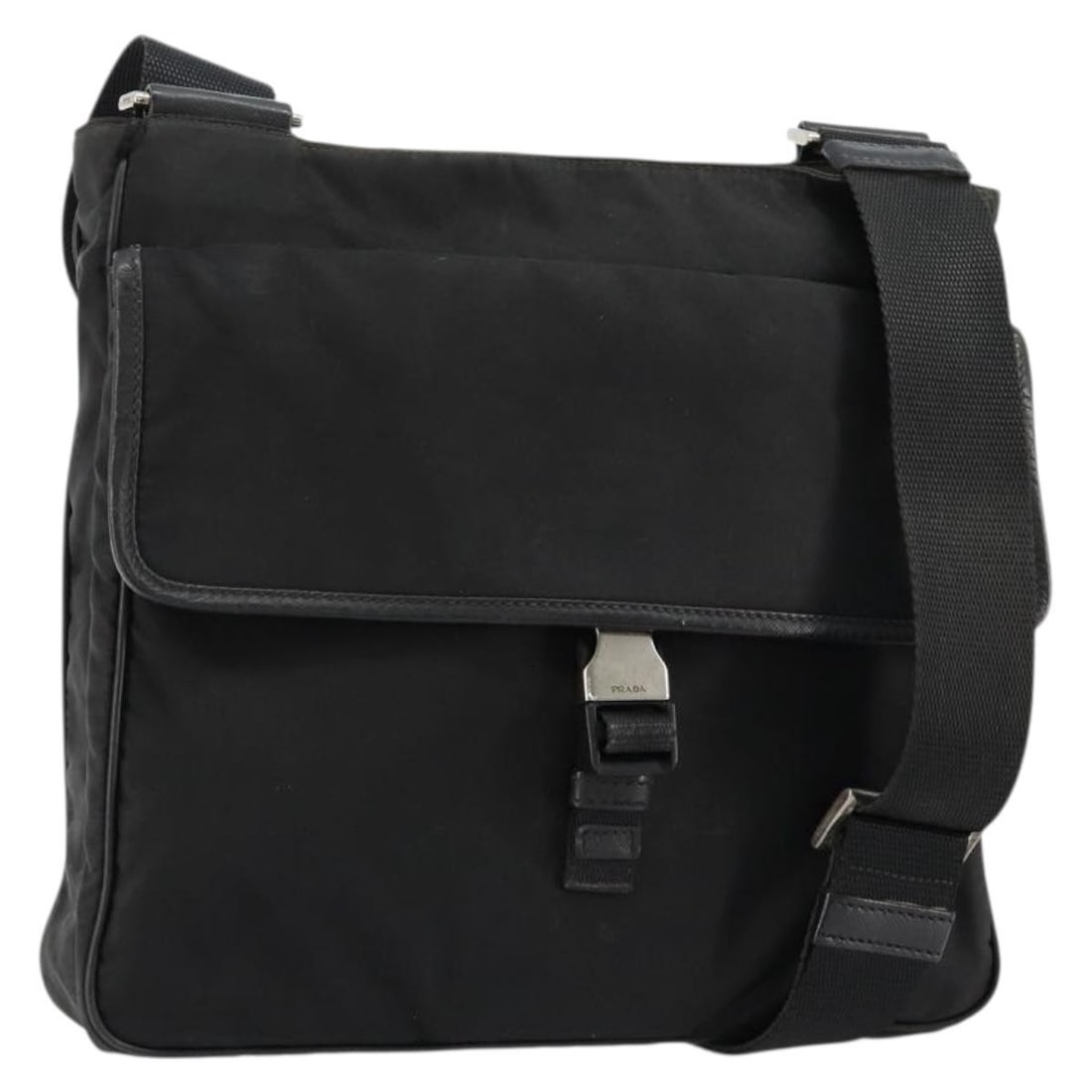 PRADA Black Nylon Shoulder Bag Silver Tone with Guarantee Card: PRADA Black Nylon Shoulder Bag Silver Tone with Guarantee Card Prada shoulder bag in black nylon with silver-tone metal fittings. It features a shoulder strap with an approximate drop of 32 to 60 cm a