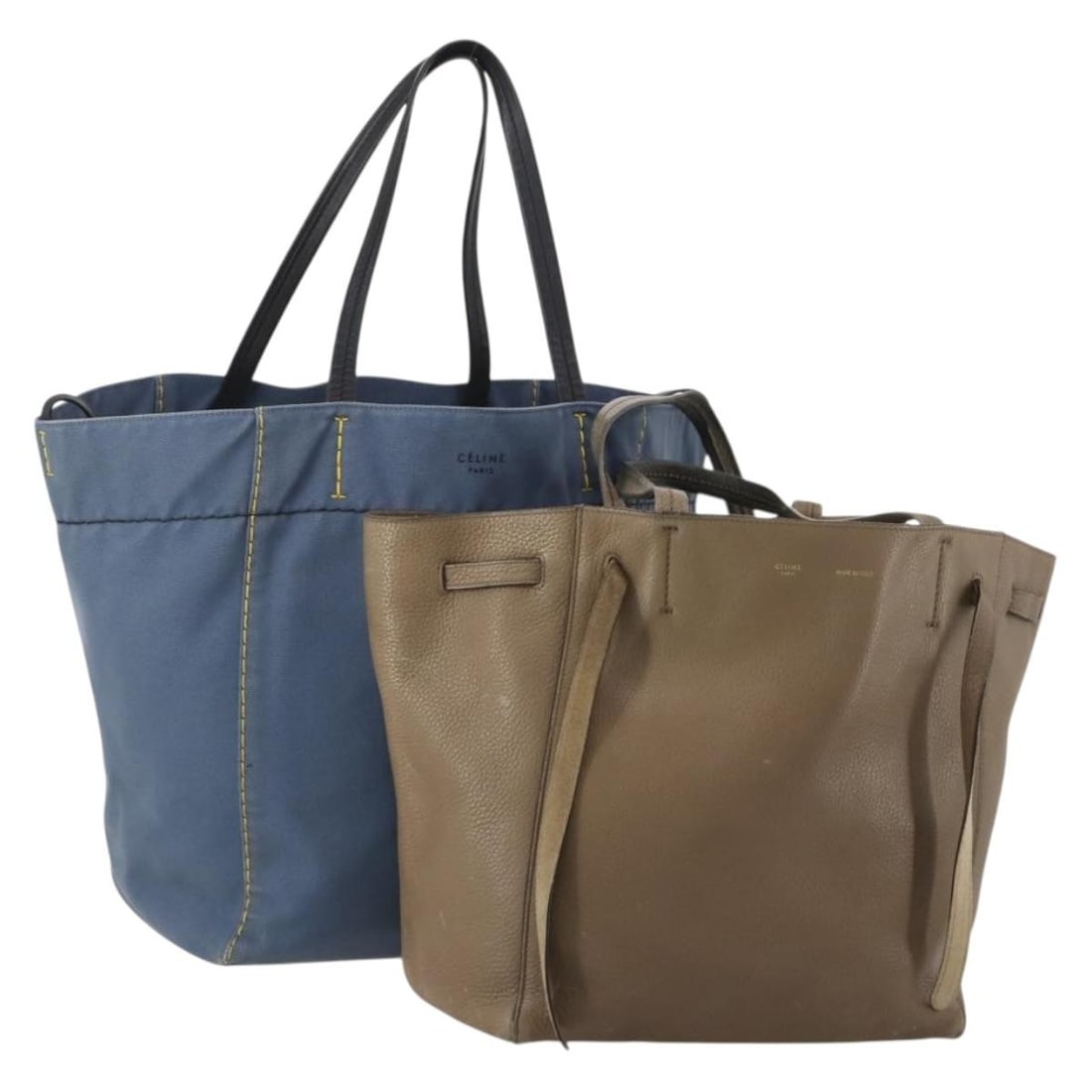 2 CELINE leather tote bags in beige and blue Made in Italy: 2 CELINE leather tote bags in beige and blue Made in Italy CELINE tote bag in beige and blue leather, made in Italy. This special bundle offer is described as a 2-set item and is in heavily used condi