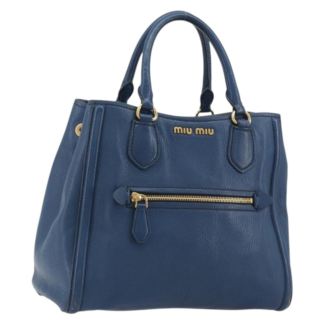 Miu Miu Blue Leather Hand Bag Gold Tone Italy: Miu Miu Blue Leather Hand Bag Gold Tone Italy Miu Miu hand bag in leather with a blue and gold color combination. Made in Italy, this women's bag measures approximately 28 cm wide, 24 cm high, and 11 
