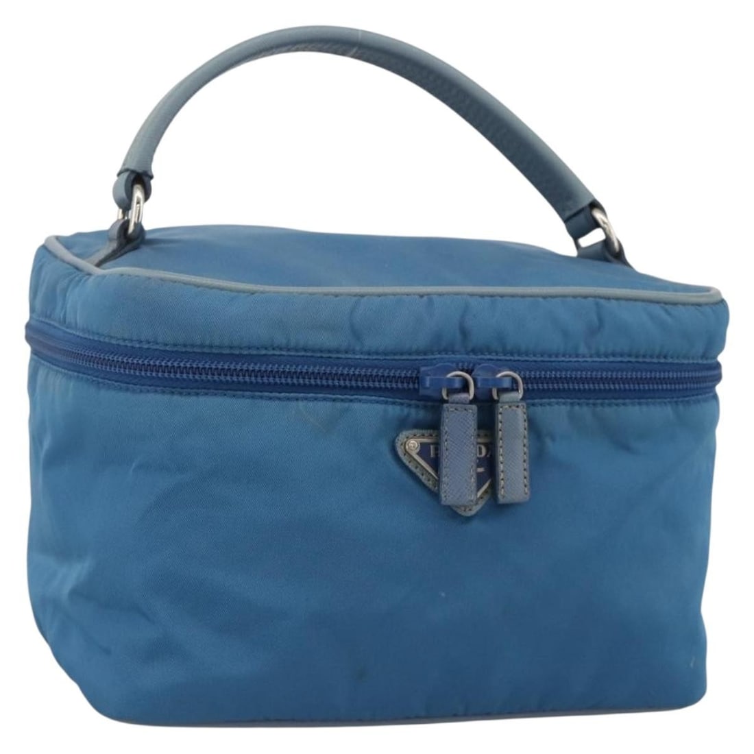 Prada nylon blue silver vanity handbag with mirror and card: Prada nylon blue silver vanity handbag with mirror and card This PRADA vanity hand bag is crafted from durable nylon in a striking blue and silver color combination. Designed for women, it features a 
