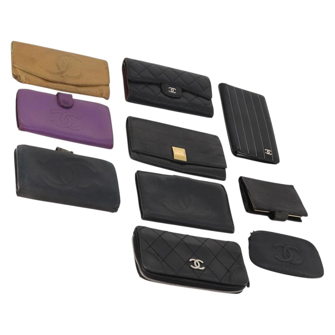 CHANEL Caviar Skin Wallet Black Beige Purple Auth: CHANEL Caviar Skin Wallet Black Beige Purple Auth This set includes ten CHANEL women's wallets crafted from caviar (grained calf) skin in black, beige, and purple. Each wallet features the signature C
