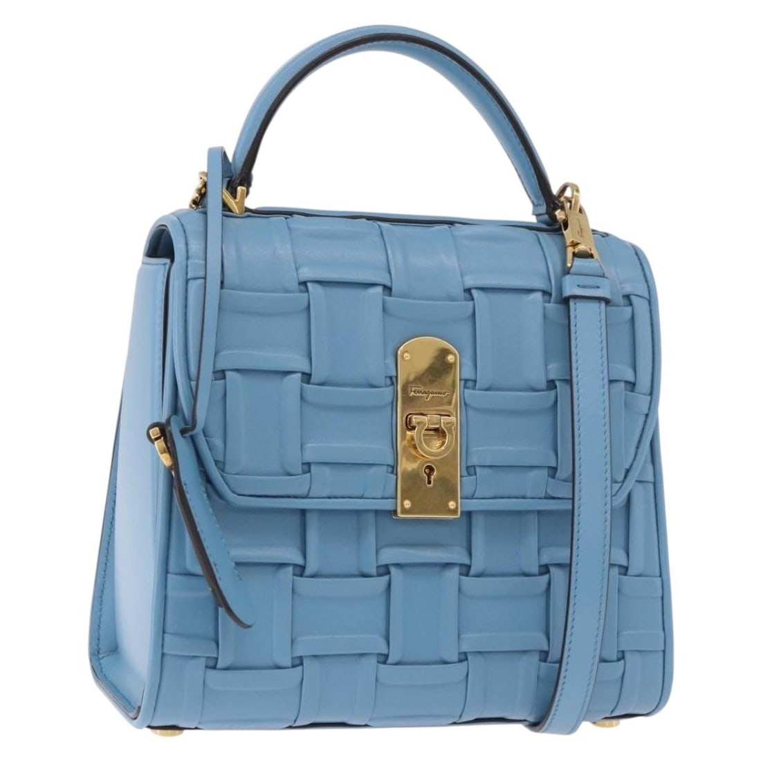 Salvatore Ferragamo Gancini 2way Leather Handbag Light Blue Gold Tone: Salvatore Ferragamo Gancini 2way Leather Handbag Light Blue Gold Tone Salvatore Ferragamo Gancini hand bag in leather with a light blue and gold color combination. Made in Italy, this women's bag come