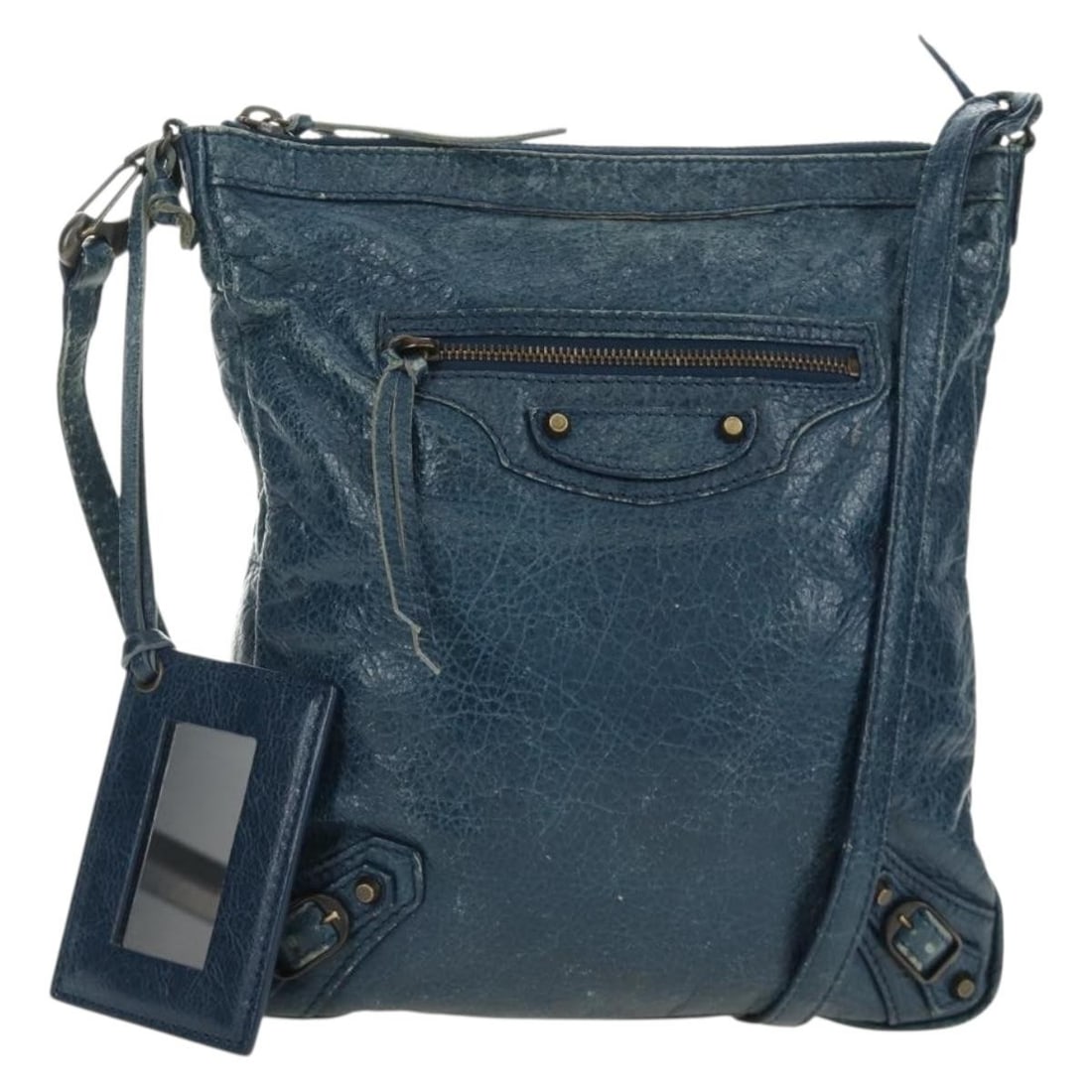 Balenciaga Classic Flat Blue Leather Shoulder Bag with Key: Balenciaga Classic Flat Blue Leather Shoulder Bag with Key A Balenciaga Classic Flat Shoulder Bag in blue leather, made in Italy. This shoulder bag comes with one key accessory and features a compact 