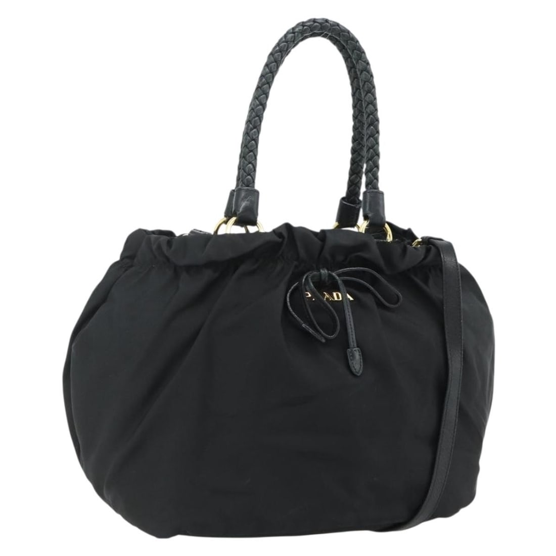 PRADA 2way Nylon Handbag Black with Gold Tone Strap: PRADA 2way Nylon Handbag Black with Gold Tone Strap Prada women's hand bag in black and gold nylon, made in Turkey. It comes with a shoulder strap and features a 2-way style with both handle and shoul