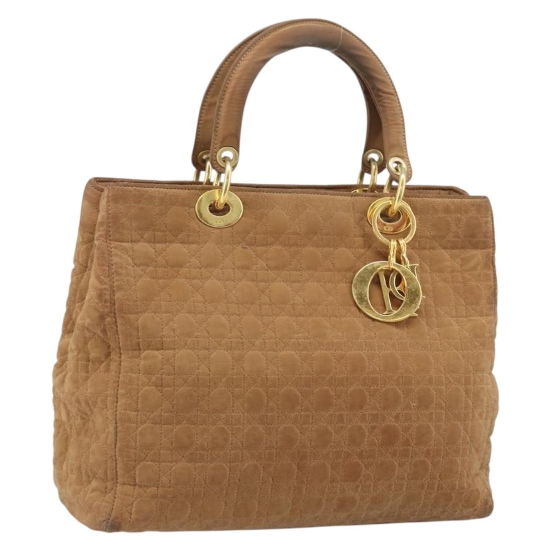 Lady Dior Brown Nylon Handbag with Gold Tone Charm by Christian Dior: Lady Dior Brown Nylon Handbag with Gold Tone Charm by Christian Dior This Christian Dior Lady Dior Canage handbag features a brown and gold nylon exterior with a signature quilted design. The bag is e