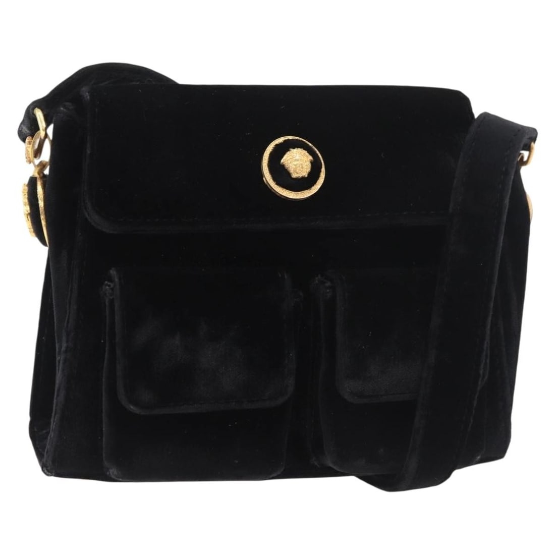 Gianni Versace Velor Shoulder Bag in Black with Gold Tone: Gianni Versace Velor Shoulder Bag in Black with Gold Tone Authentic Gianni Versace shoulder bag in black and gold velor, made in Italy. This women's bag features a compact shoulder silhouette with an 