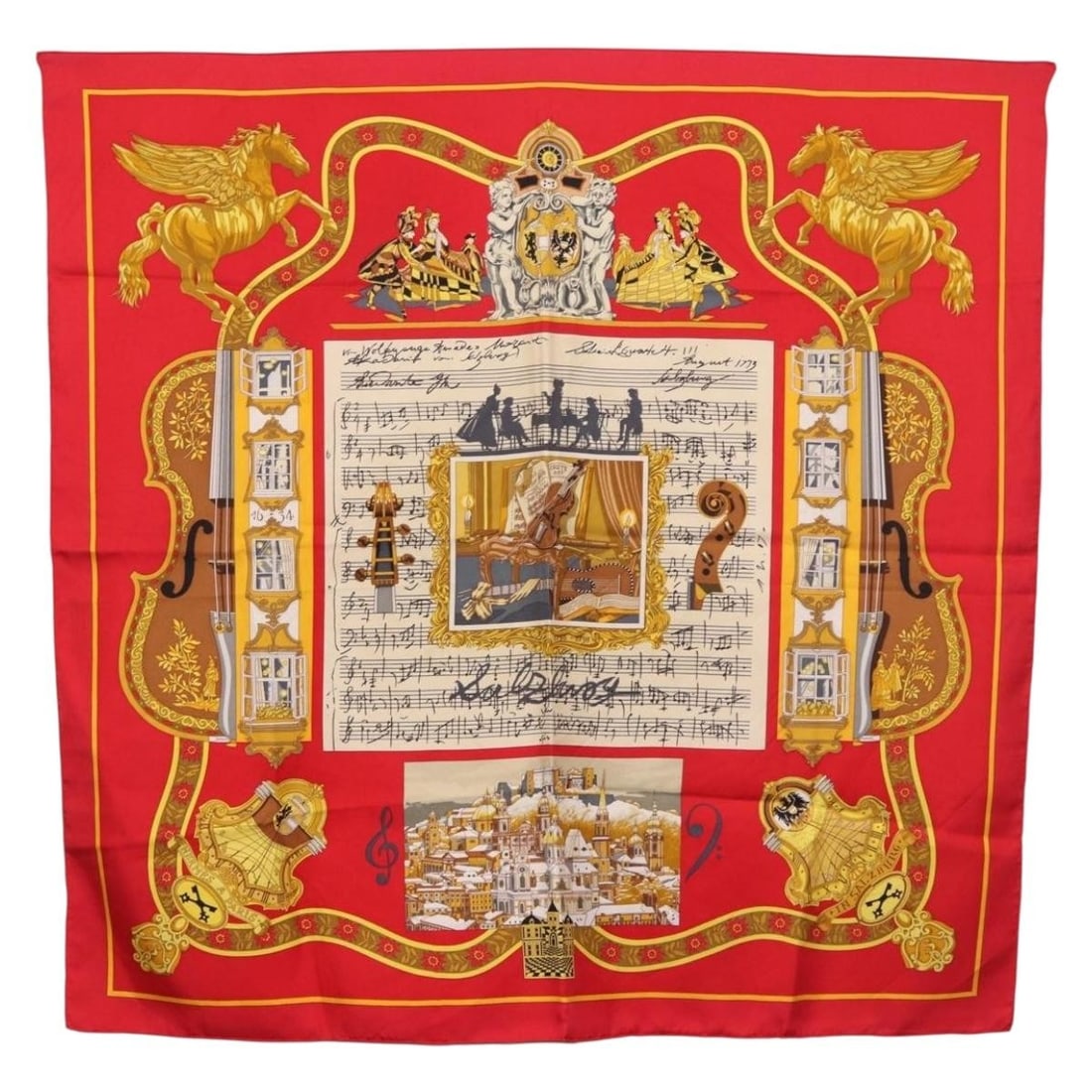 Hermes In Salzburg Silk Scarf 90cm Red France: Hermes In Salzburg Silk Scarf 90cm Red France Hermes Carre 90 silk scarf in red, titled "In Salzburg." It is a scarf-style accessory made in France and measures approximately 90 cm x 90 cm (35.4 x 35.