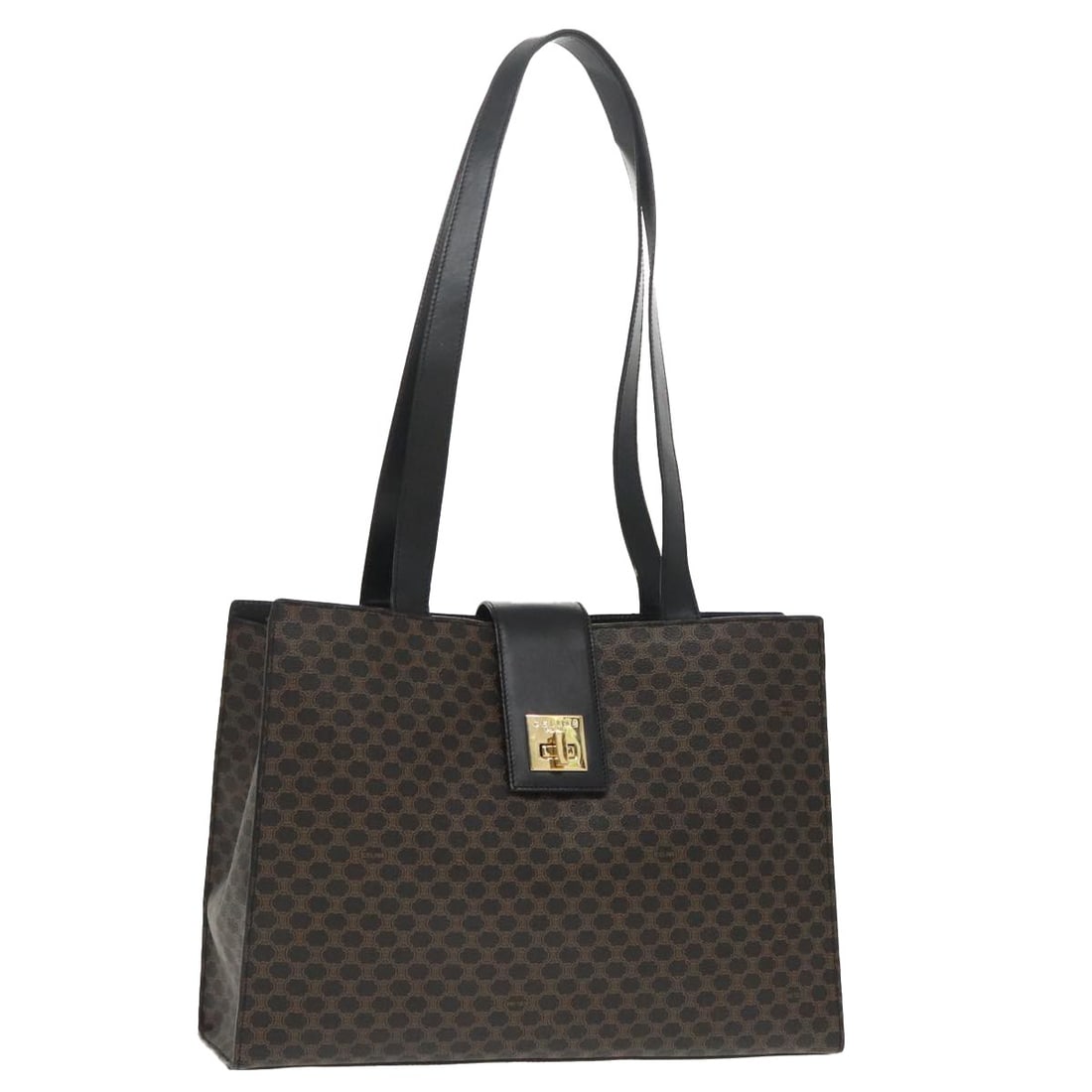 CELINE Macadam Canvas Black Gold Shoulder Bag Italy: CELINE Macadam Canvas Black Gold Shoulder Bag Italy This CELINE shoulder bag features the iconic Macadam canvas with PVC leather accents in black and gold. Crafted in Italy, the bag offers a spacious 