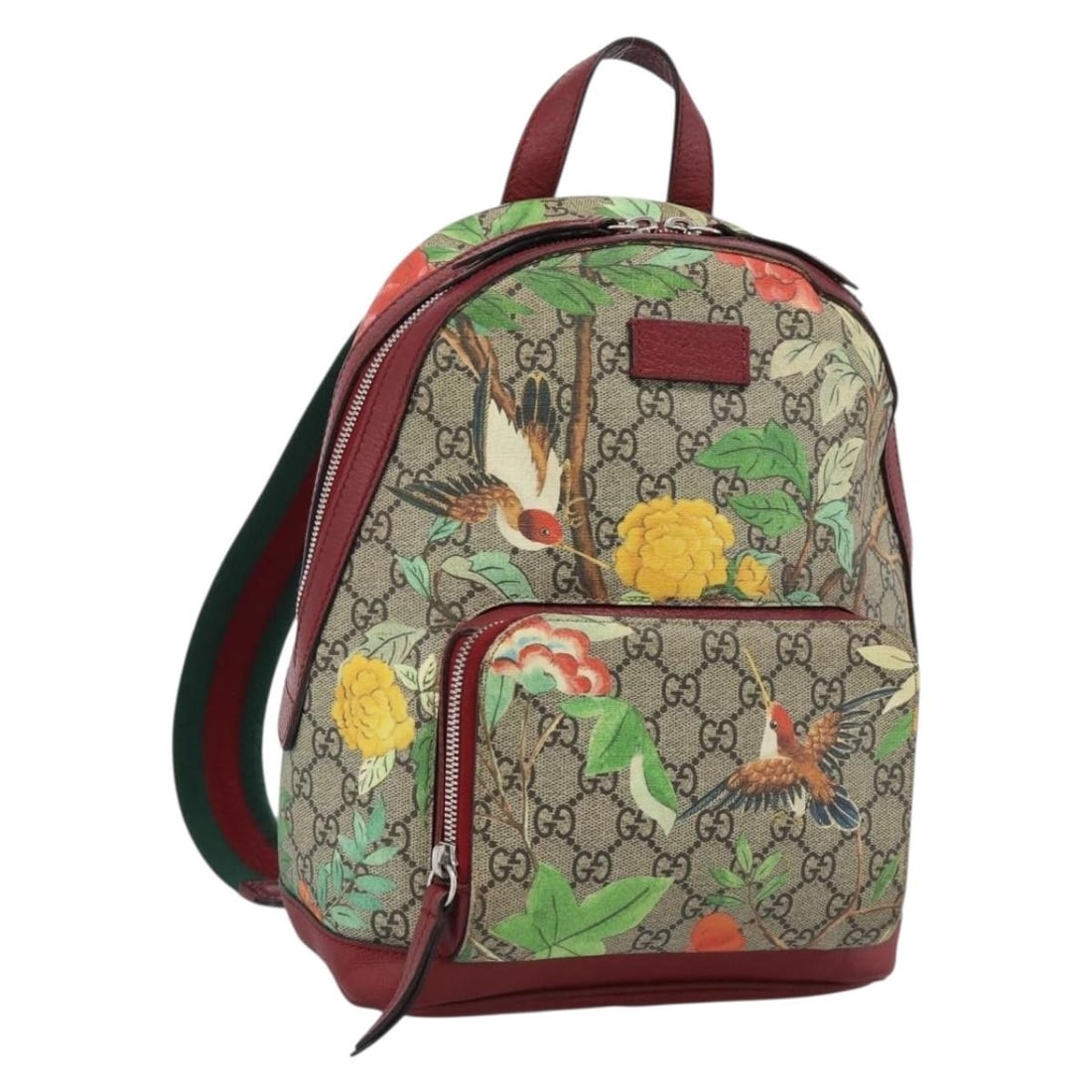 Gucci Tian Sherry Line GG Supreme PVC Backpack Beige 427042: Gucci Tian Sherry Line GG Supreme PVC Backpack Beige 427042 Gucci GG Supreme Web Sherry Line Tian backpack in beige and silver, made from PVC leather and GG canvas. It measures approximately W22 x H27