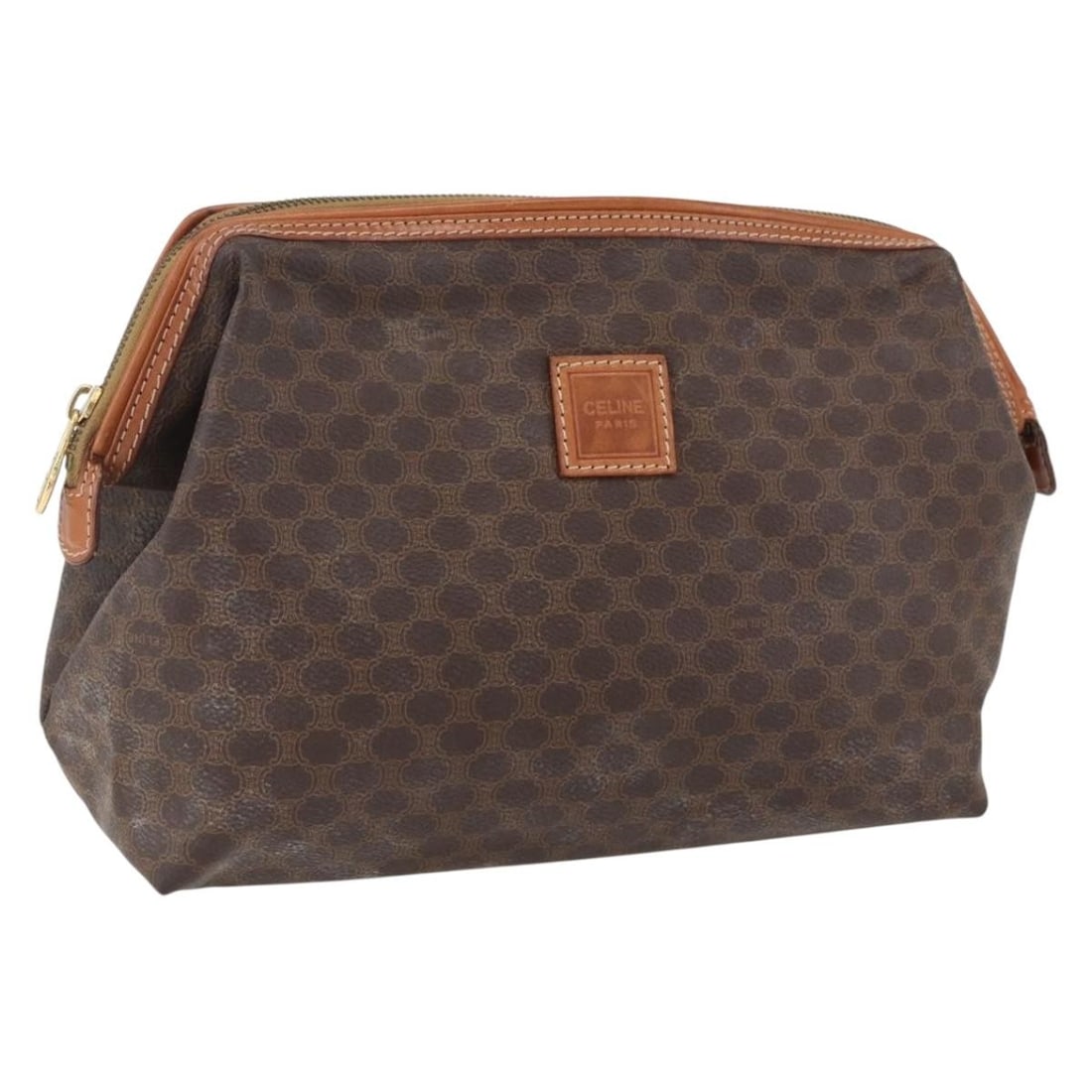 CELINE Macadam Canvas Brown Gold Clutch Bag PVC Leather: CELINE Macadam Canvas Brown Gold Clutch Bag PVC Leather This CELINE Macadam clutch bag features a classic brown and gold design crafted from PVC leather and Macadam canvas. Made in Italy, it offers a 